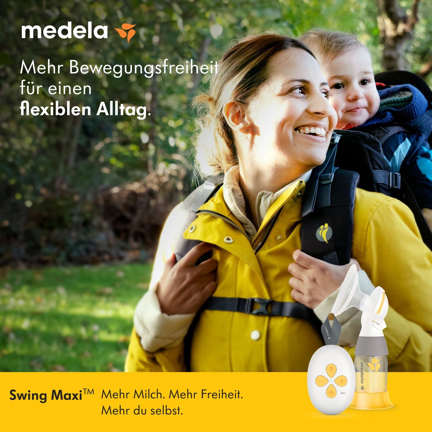 Frau mit Baby im Tragesystem, neben einer elektrischen Milchpumpe. Text: "Swing Maxi™ Mehr Milch. Mehr Freiheit."