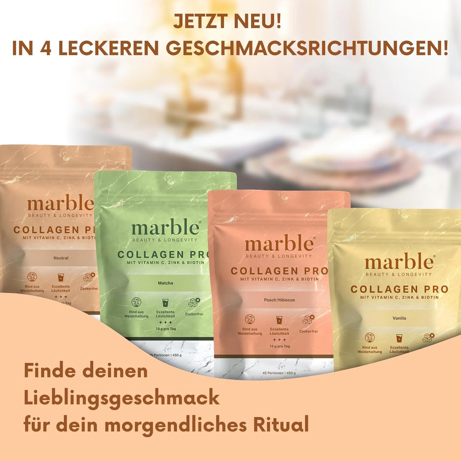 Vier Marmelade Collagen Pro Beutel in verschiedenen Geschmacksrichtungen: Neutral, Matcha, Erdbeere-Himbeere, Vanille.