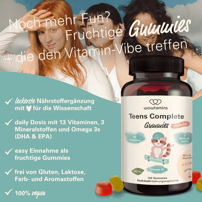 Flasche "wowtamins TEENS COMPLETE" mit Liste von Vorteilen wie 13 Vitamine, 3 Mineralstoffe, Omega 3, vegan.