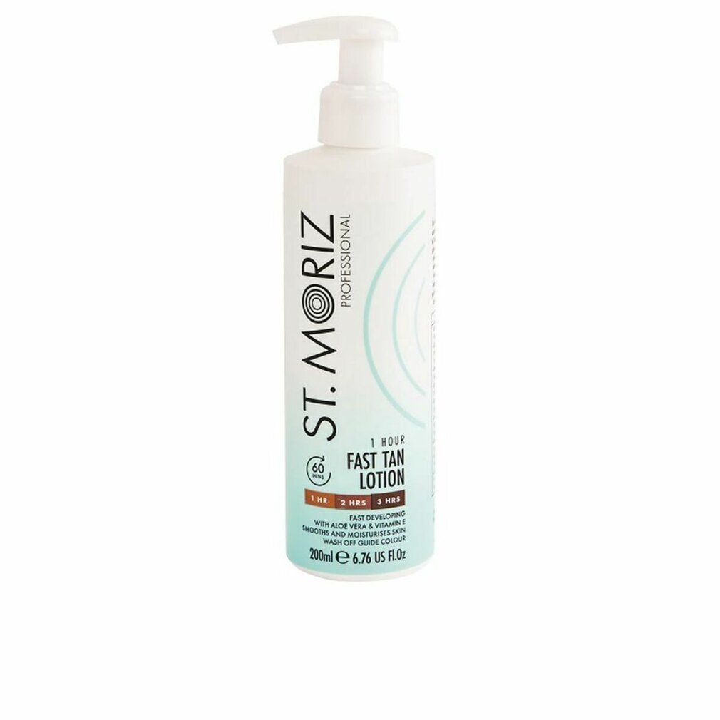 Weiße Flasche mit Dosierpumpe. Aufschrift: St. Moriz Professional, 1 Hour Fast Tan Lotion. 200ml.