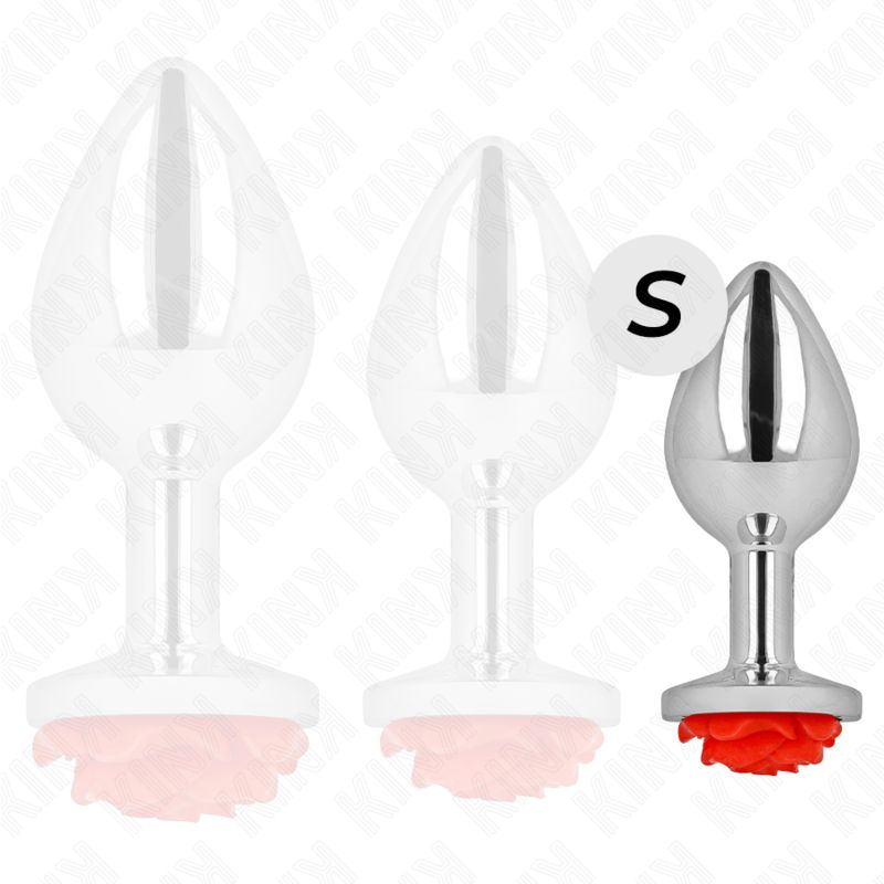 Analplug aus Metall mit roter Rosenblüte. Größe 'S' markiert. Konische Form, glänzend. Zwei weitere, schemenhafte Plugs.