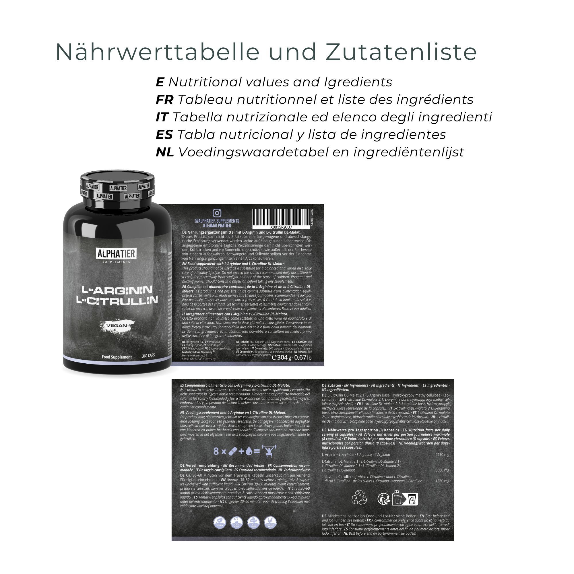 Alphatier Arginin Citrullin Kapseln 360 Stück Aminosäure