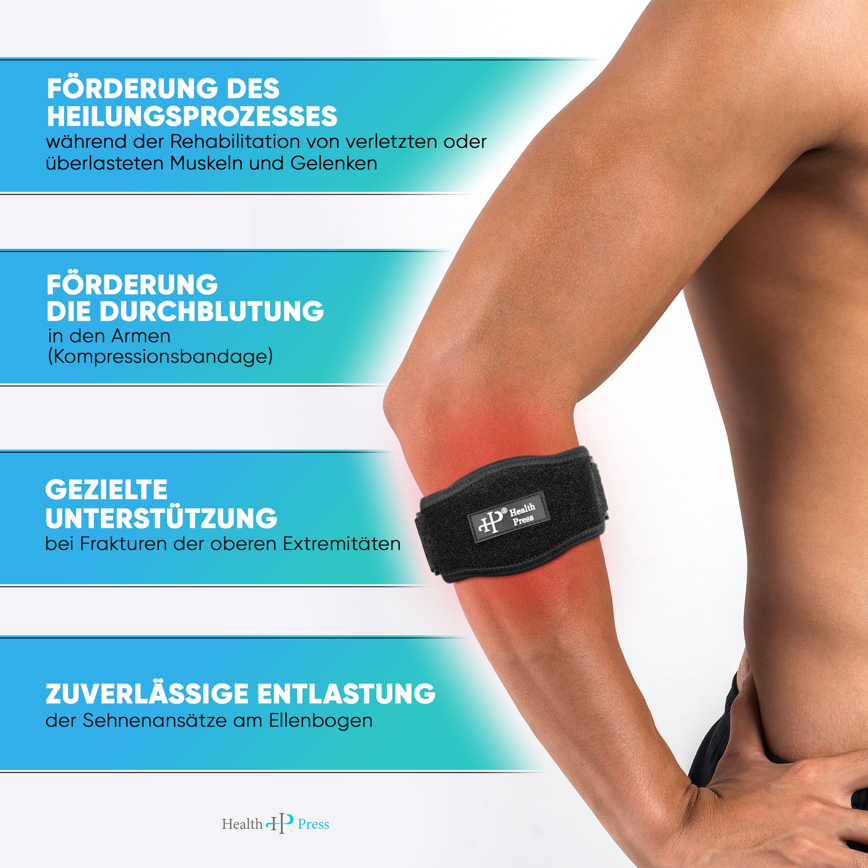 Eine schwarze Tennisarmbandage am Arm einer Person. Text mit den Vorteilen des Produkts: Förderung der Durchblutung, Unterstützung, Entlastung.