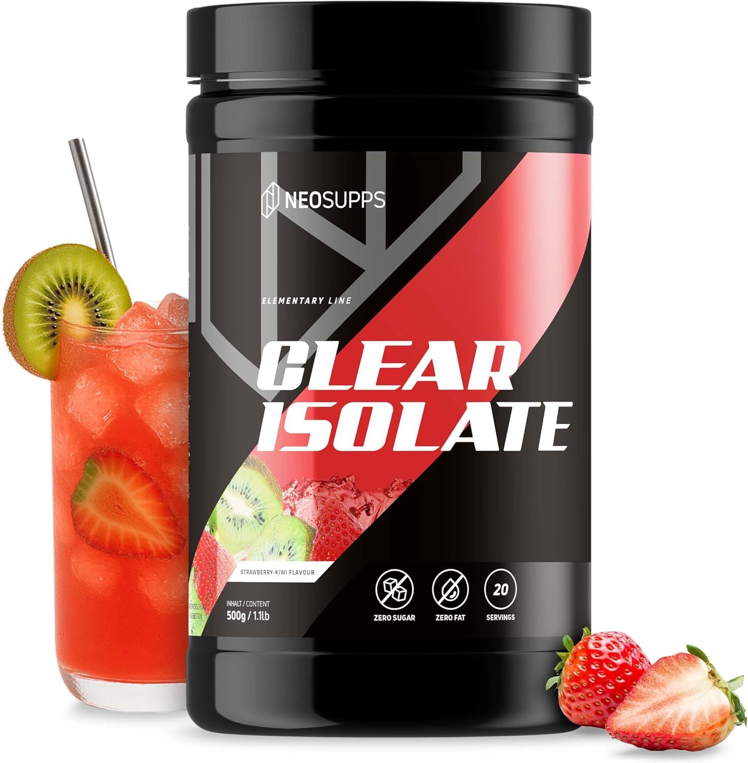 Schwarze Dose mit rotem Akzent. Aufschrift: CLEAR ISOLATE. Getränk mit Erdbeere, Kiwi. Text: 500g/1.1lb, 20 Servings.