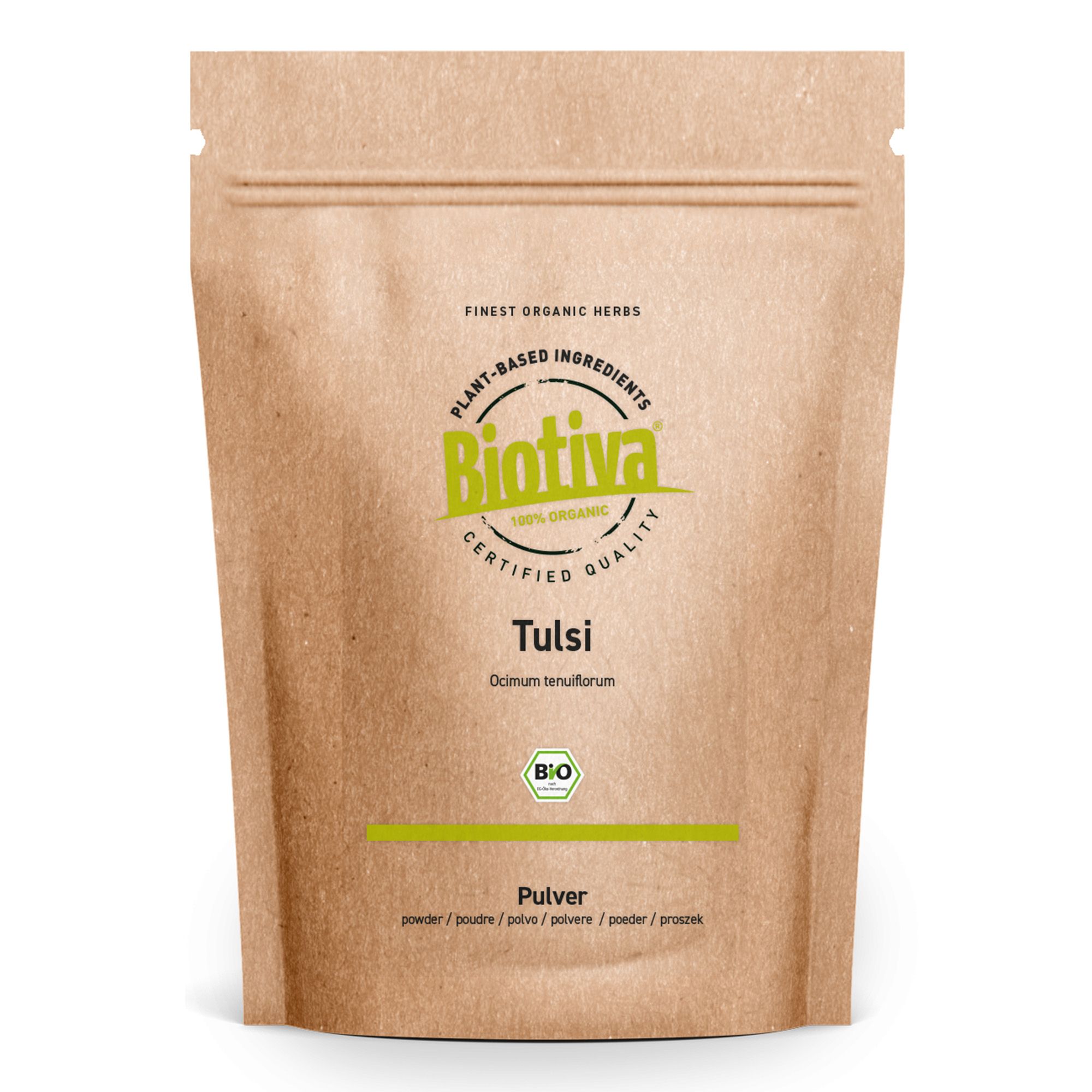 Beutel mit Biotiva Tulsi Pulver. Braune Papierverpackung mit Reißverschluss. Logo und Produktbezeichnung in Grün.