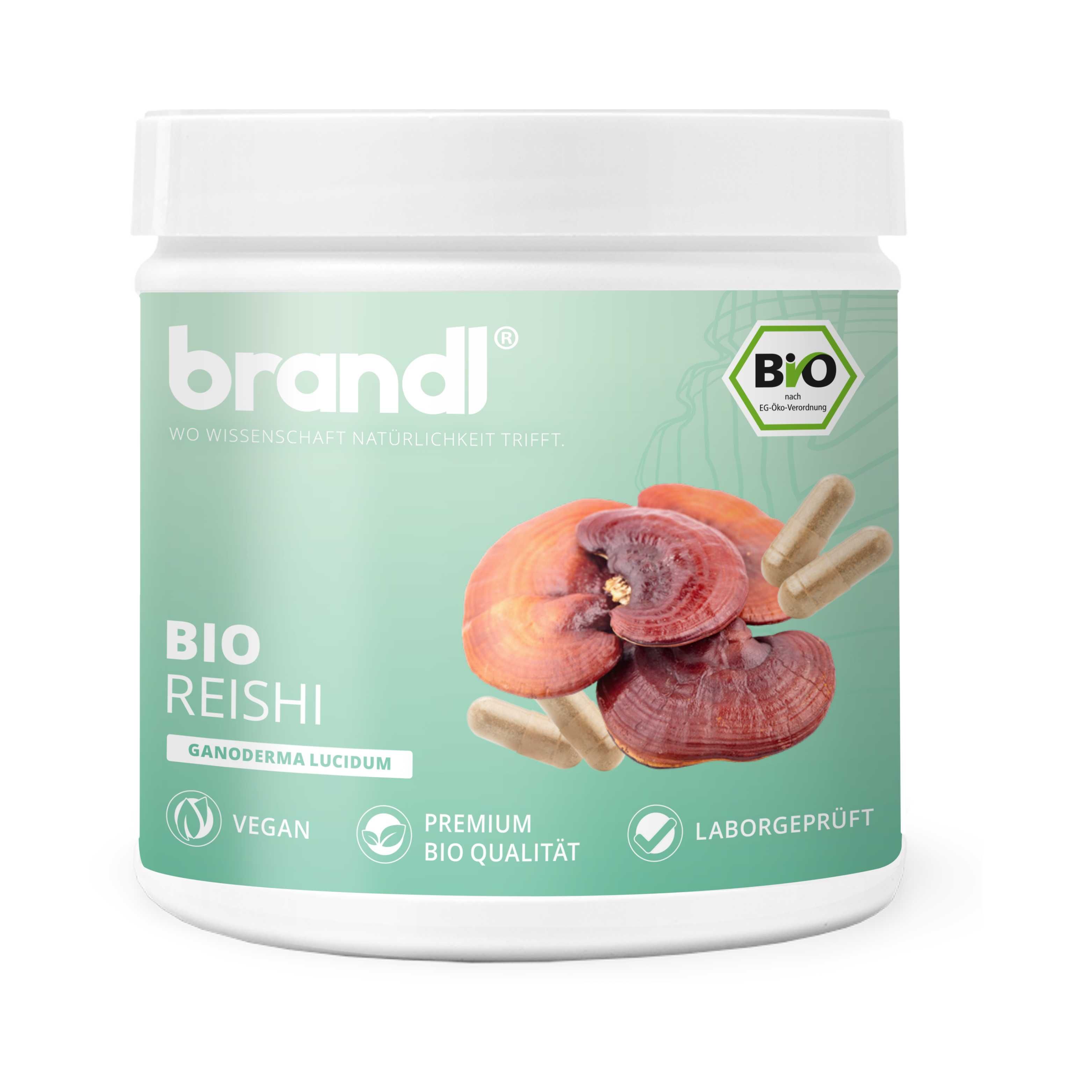 Weißes Produktglas mit grünem Etikett. Aufschrift: brandl® Bio Reishi. Bio-Siegel, Reishi-Pilze und Kapseln.