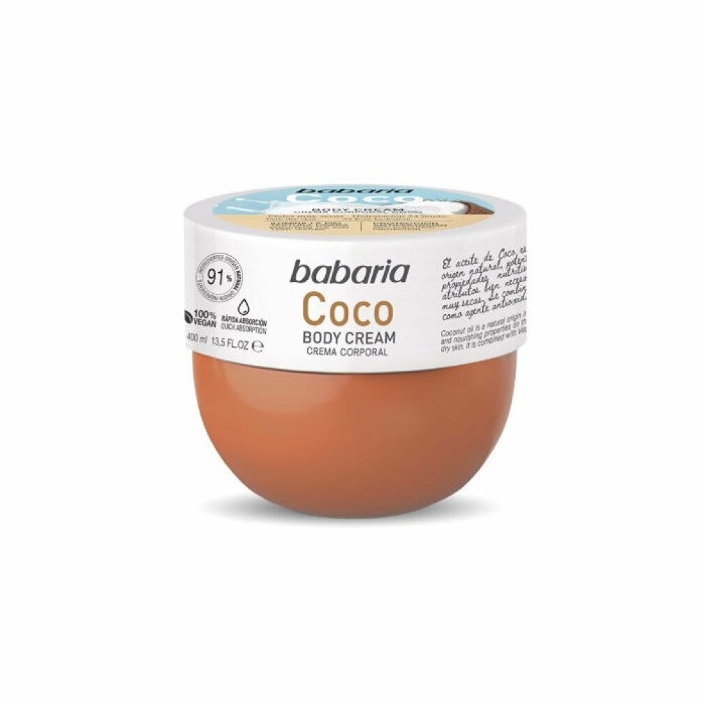 Babaria Coco Body Cream. Braune Dose mit weißem Deckel. Vegan-Siegel. Text: Coco, Body Cream, Crema Corporal.