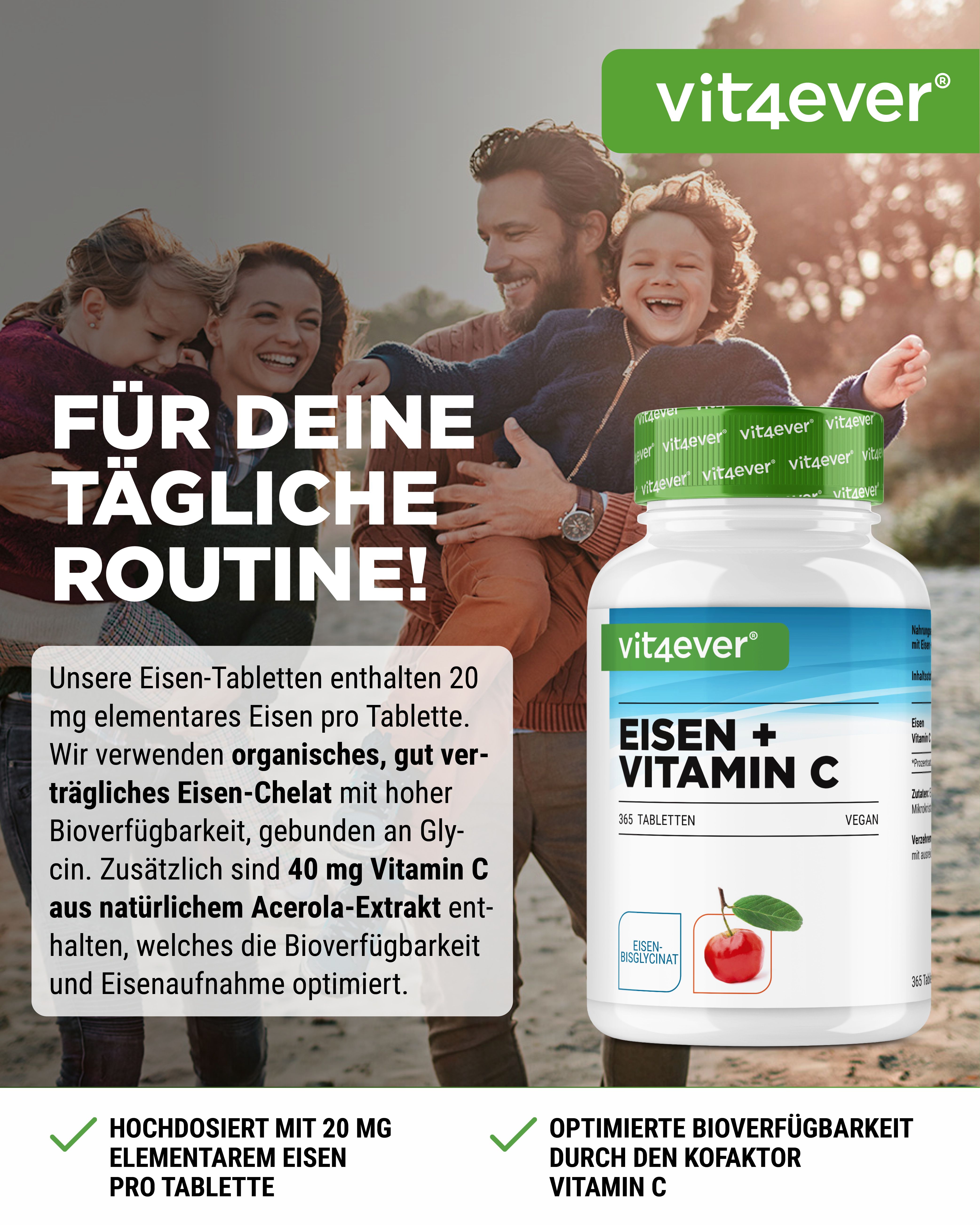 Familie im Freien, Flasche "vit4ever EISEN + VITAMIN C". Text: "FÜR DEINE TÄGLICHE ROUTINE!". Produkt mit 365 Tabletten.