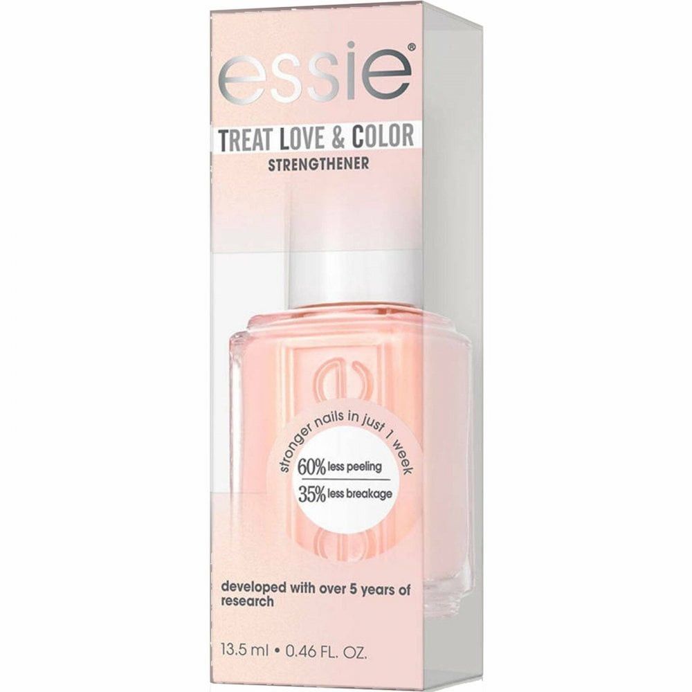 Essie Treat Love & Color Nagellack in Verpackung. Rosa Flasche mit weißem Deckel. Aufschrift: stronger nails in just 1 week.