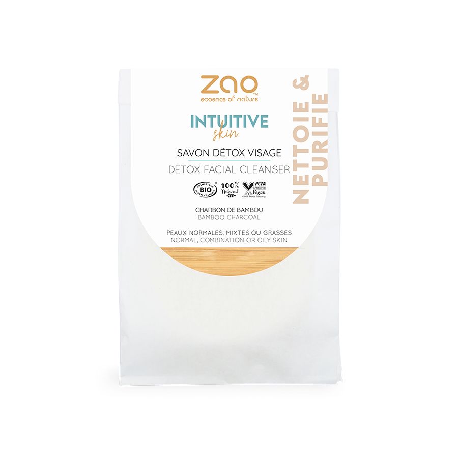 Verpackung des ZAO Detox-Gesichtsreinigers. Text: Intuitive Skin, Savon Détox Visage, Charbon de Bambou.
