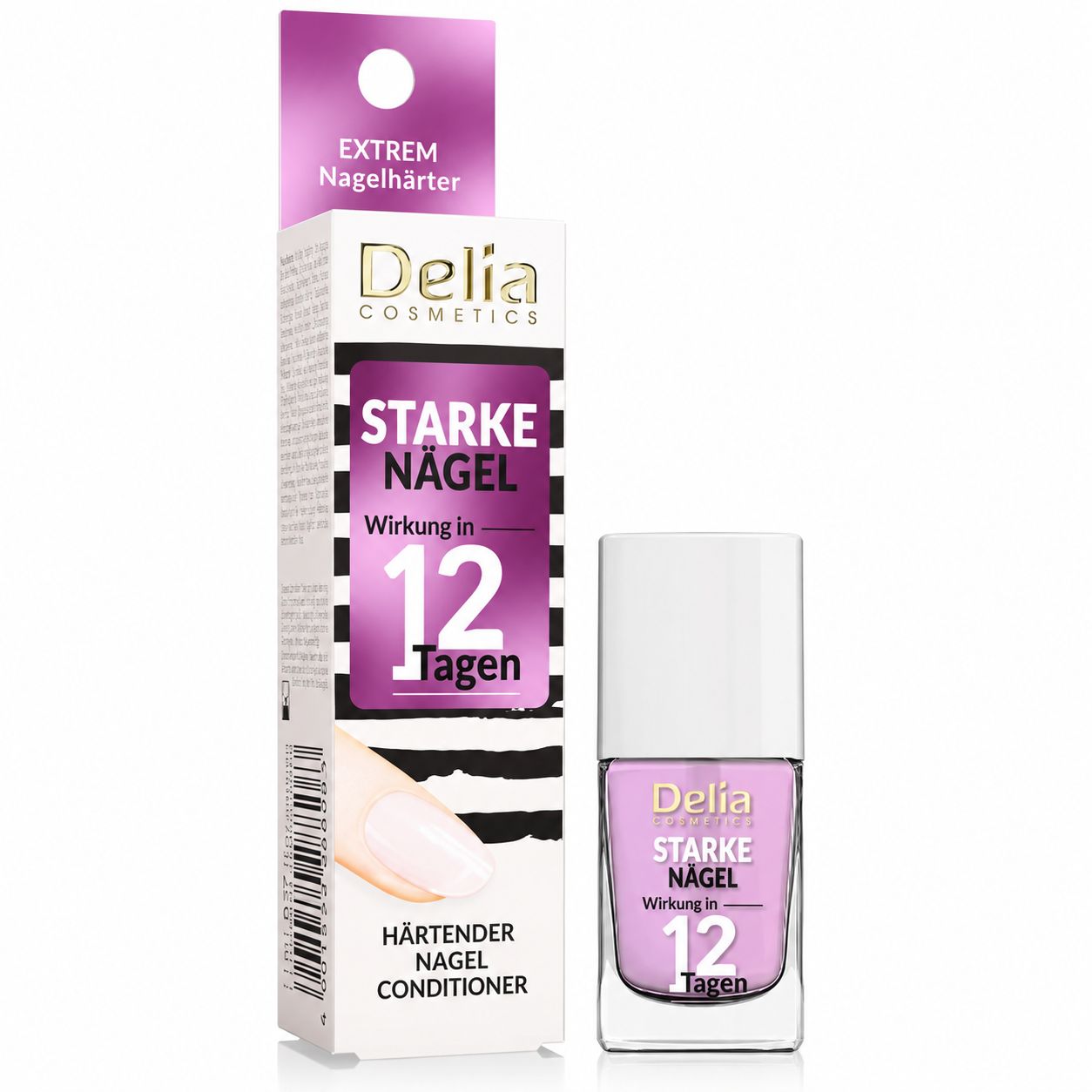 Delia Cosmetics Nagelhärter Flasche und Verpackung. 'Starke Nägel' in 12 Tagen.