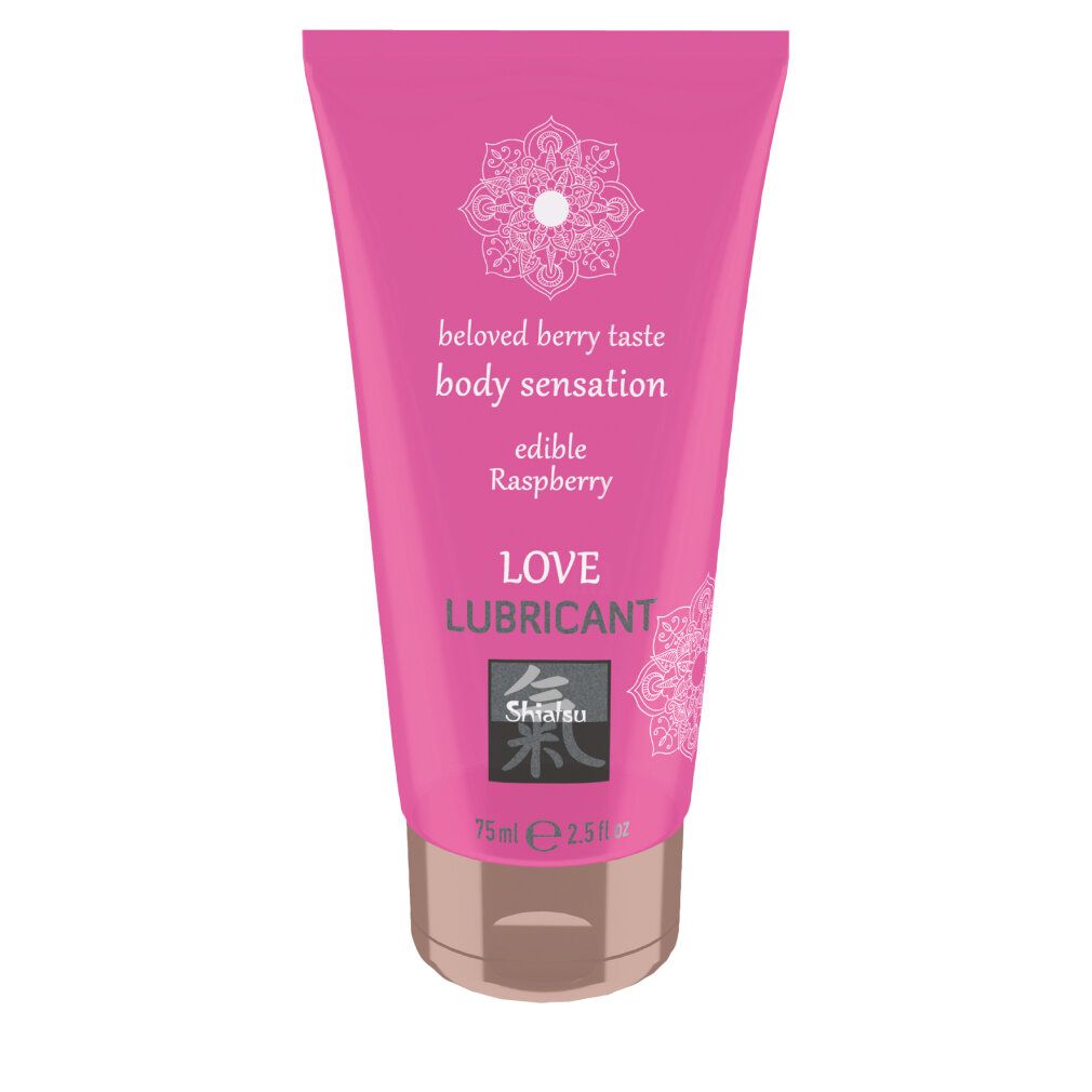 Rosa Tube mit Produkttexten. Aufschrift: beloved berry taste, body sensation, edible Raspberry, LOVE LUBRICANT, Shiatsu. 75ml/2.5 fl oz.