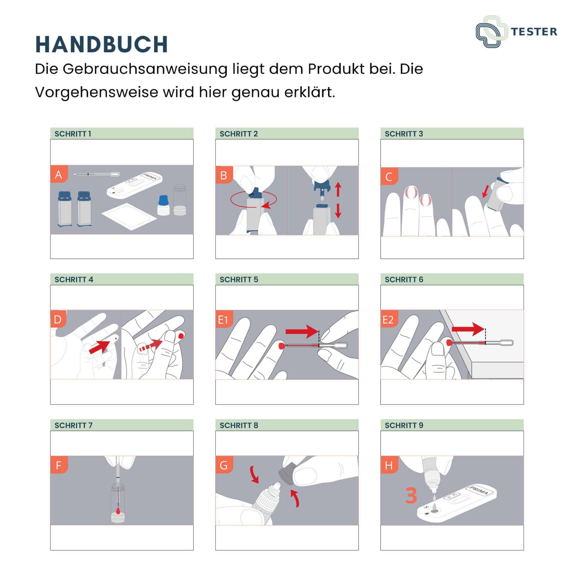 Handbuch für einen HIV-Selbsttest mit 8 illustrierten Schritten zur Durchführung des Tests. Gebrauchsanweisung liegt bei.