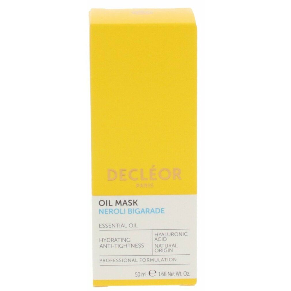 Gelbe Schachtel mit weißem Etikett. Aufschrift: Decleor, Oil Mask, Neroli Bigarade, 50ml.