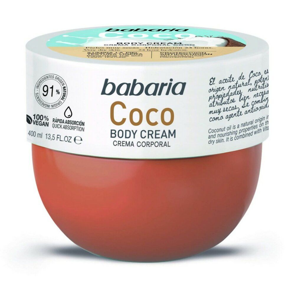 Babaria Coco Body Cream. Braune Dose mit weißem Deckel. Vegan-Siegel. Text: Coco, Body Cream, Crema Corporal.
