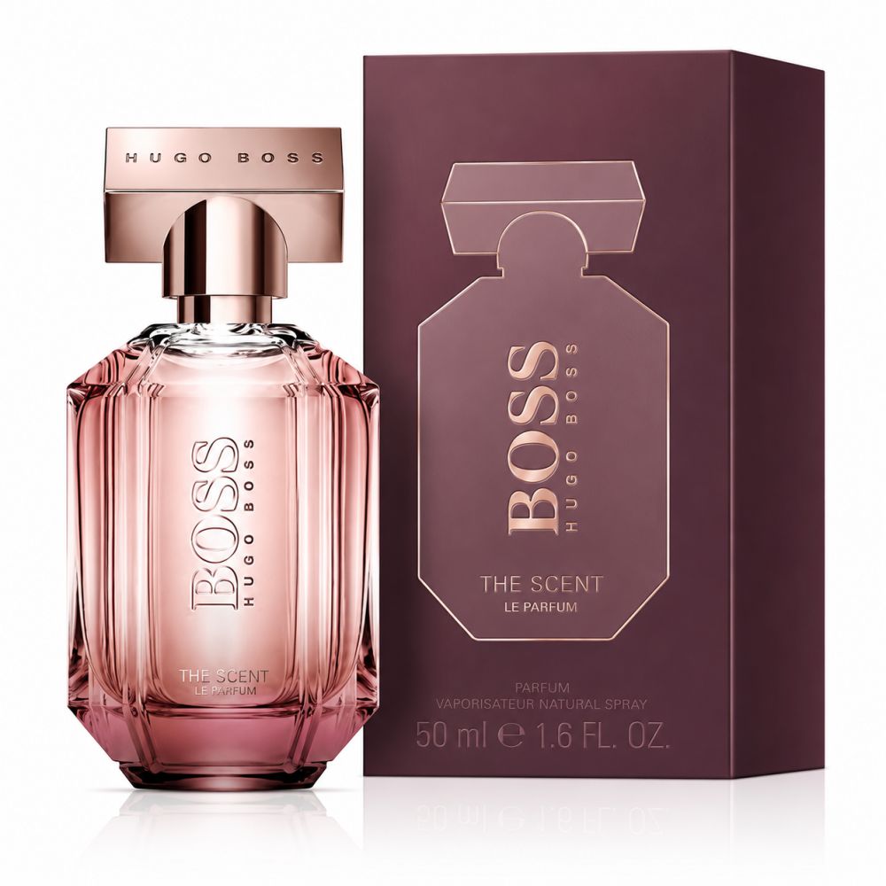 Hugo Boss The Scent Le Parfum Donna Parfümflakon und Verpackung in Roségold und Burgunder.