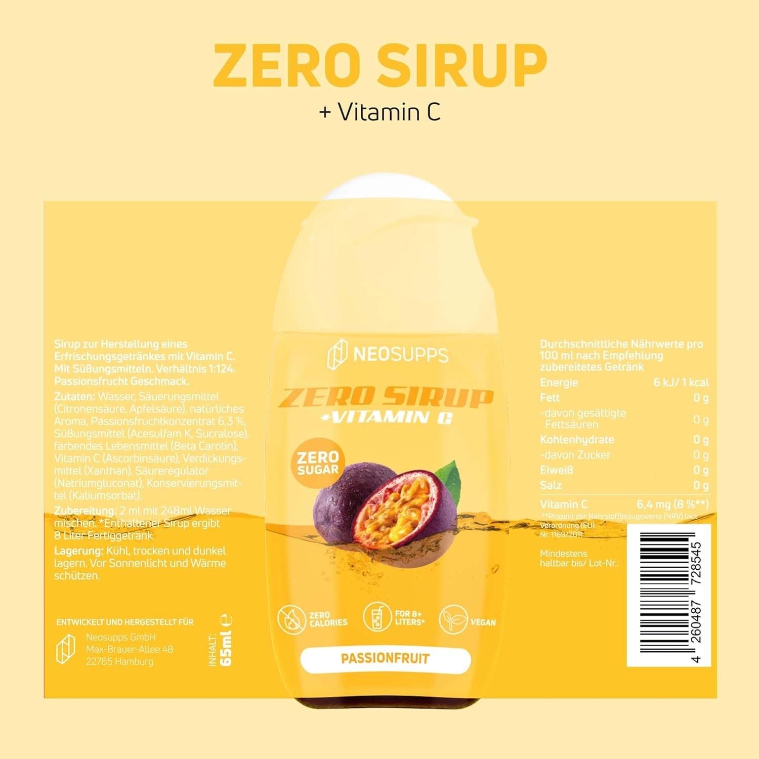 Etikett mit Produktinformationen. Auf dem Etikett steht: Zero Sirup + Vitamin C, Passionfruit. Abgebildet sind Passionsfrüchte.