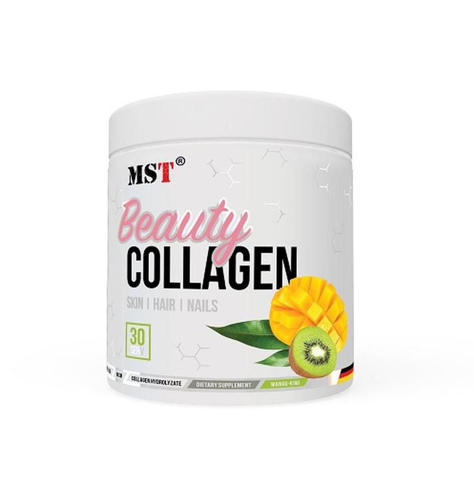Weißes Behältnis mit Aufschrift Beauty Collagen. Abbildung von Mango und Kiwi. 30 Portionen.