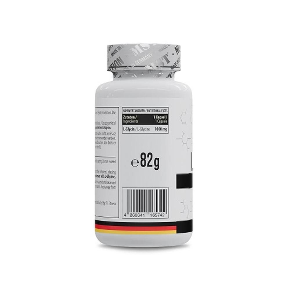 Rückseite der weißen Flasche mit MST L-Glycine. Nährwertangaben, Barcode und Gewicht e82g. Hergestellt in Deutschland.