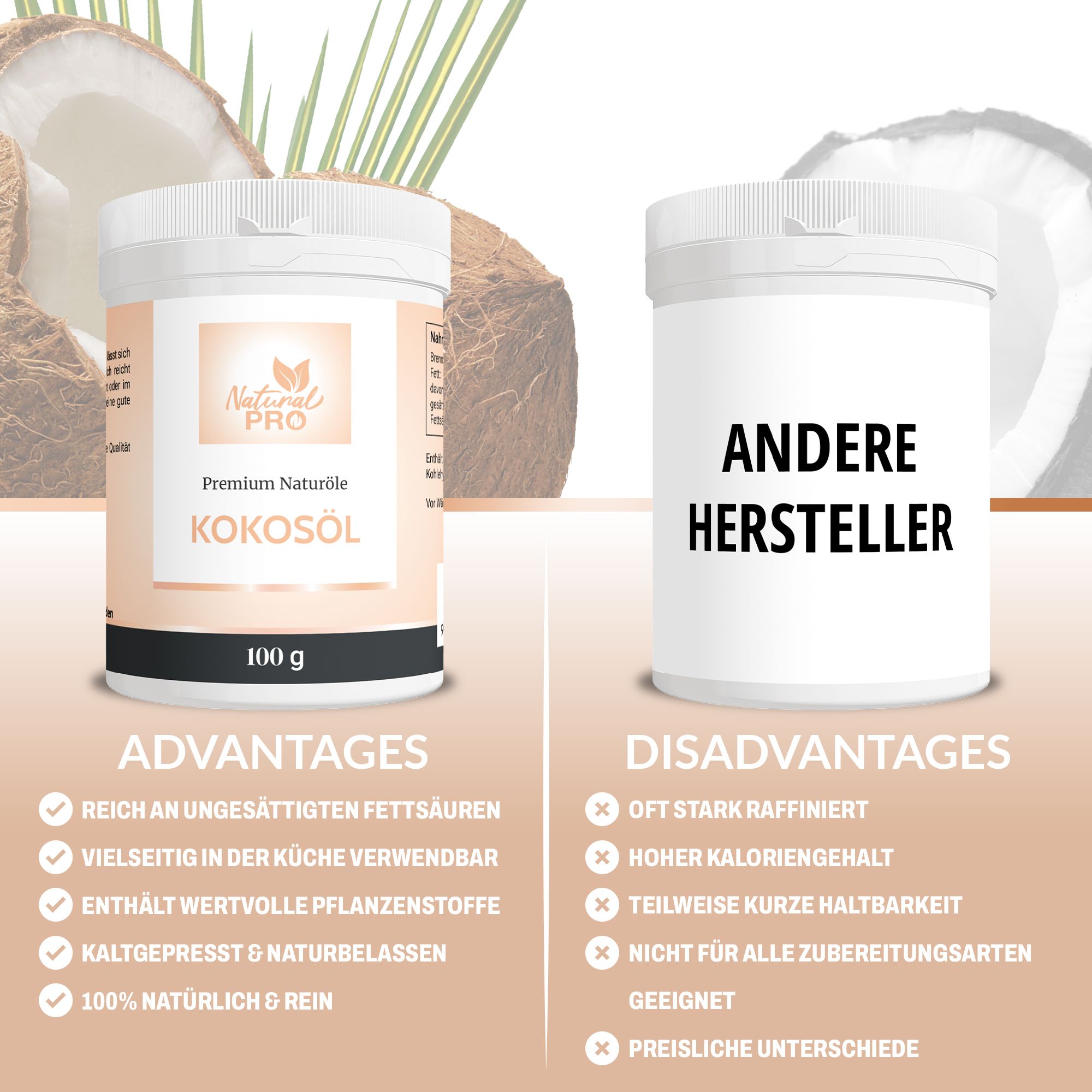 Vergleich von Kokosöl und anderen Herstellern. Vorteile: ungesättigte Fettsäuren, vielseitig, pflanzliche Stoffe, kaltgepresst. Nachteile: raffiniert, hoher Kaloriengehalt.
