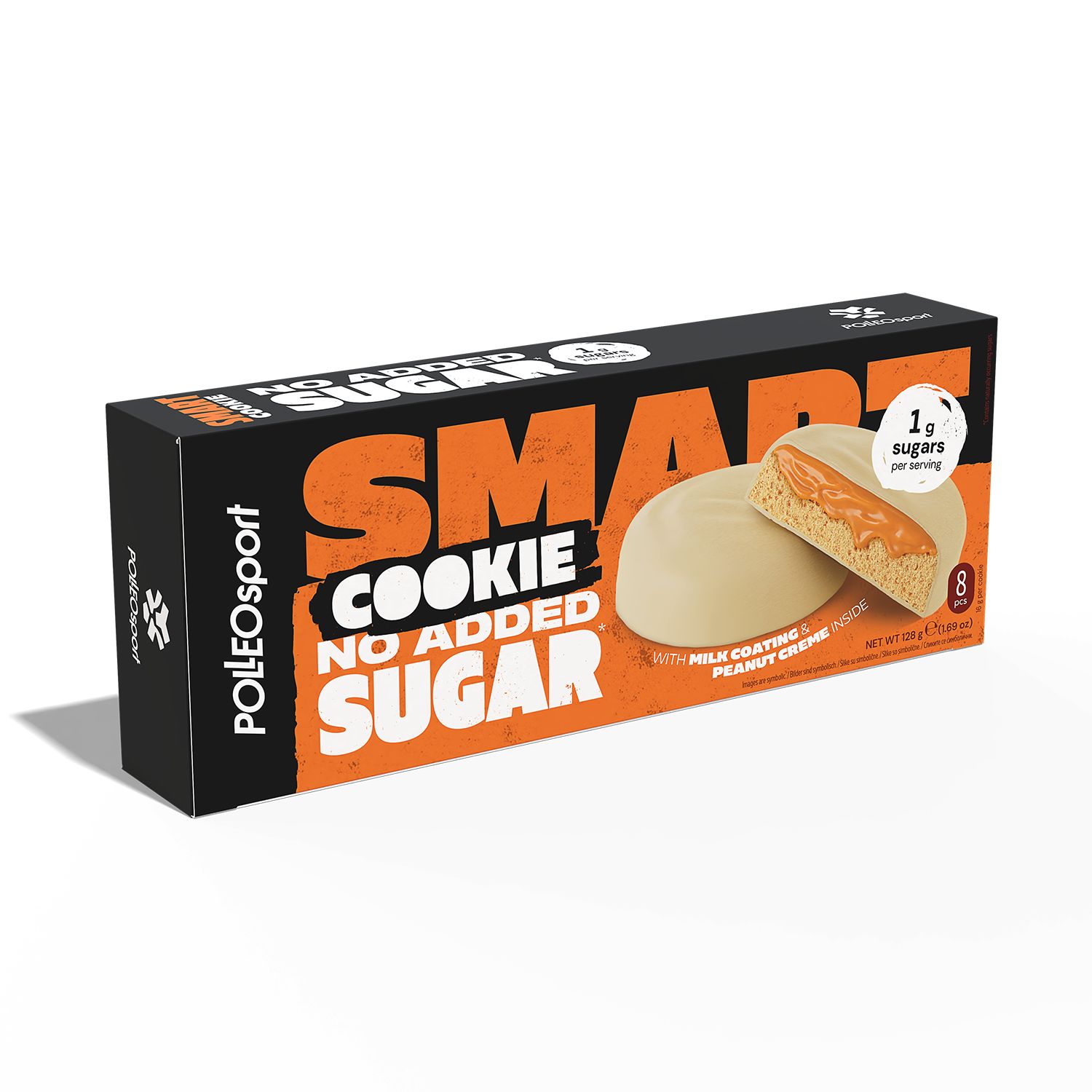 Packung mit 8 Smart Cookies, zuckerfrei, mit Milchschokolade überzogen und Erdnusscremefüllung.