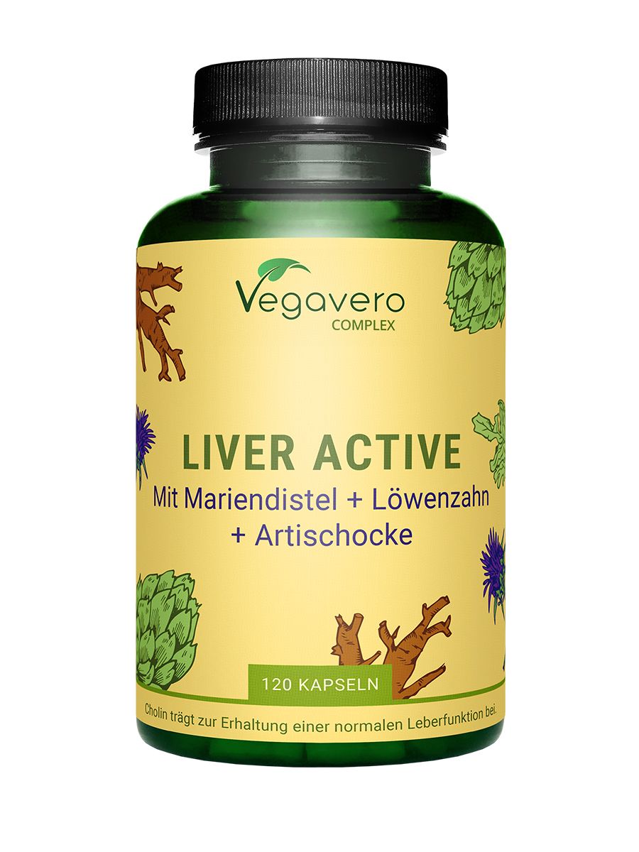 Grüne Flasche mit schwarzen Deckel. Aufschrift: LIVER ACTIVE, 120 Kapseln. Mit Mariendistel, Löwenzahn und Artischocke. Vegavaro.