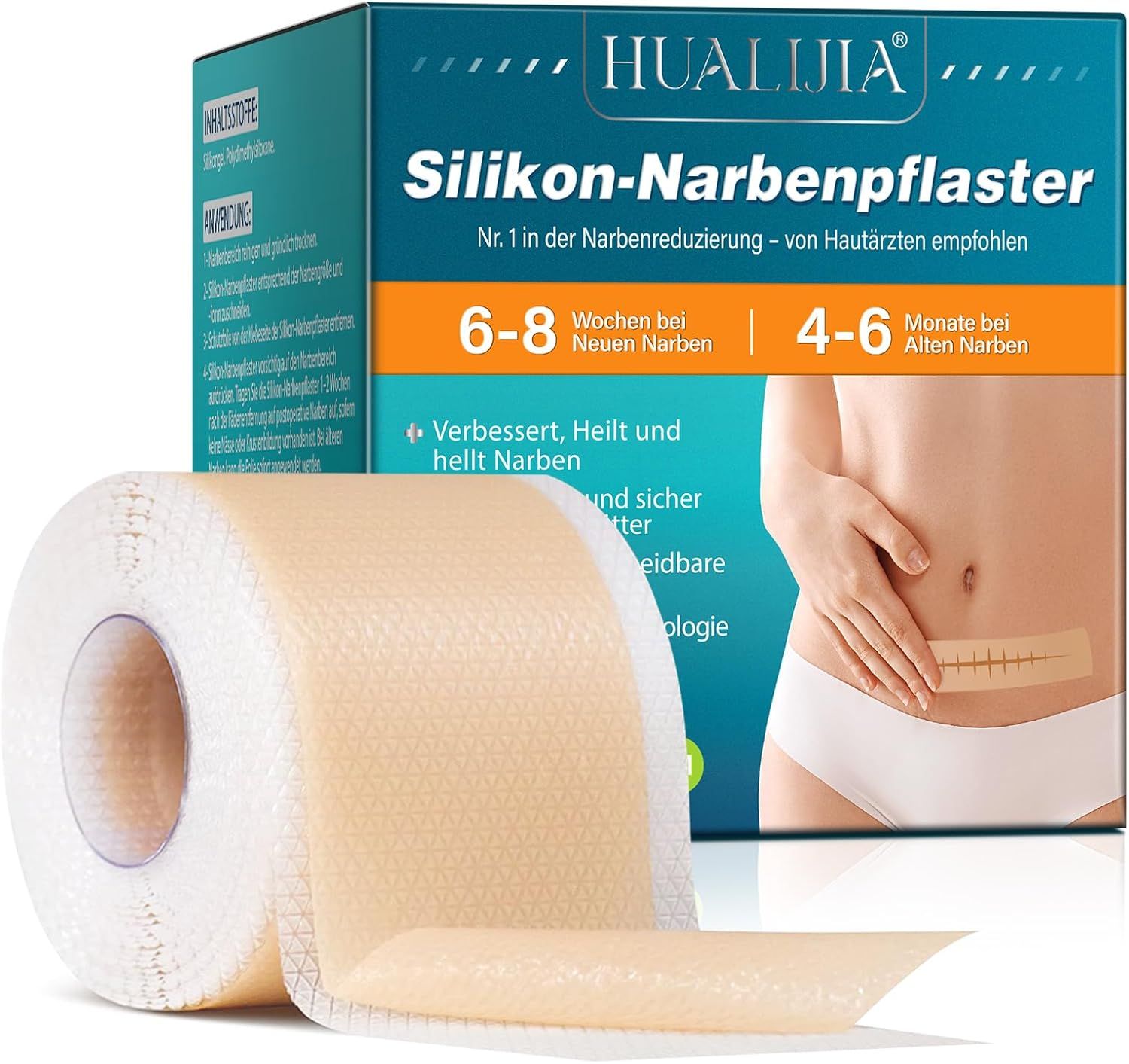 Verpackung und Rolle Narbenpflaster. Text: HUALIJIA Silikon-Narbenpflaster. 6-8 Wochen bei neuen Narben, 4-6 Monate bei alten Narben.