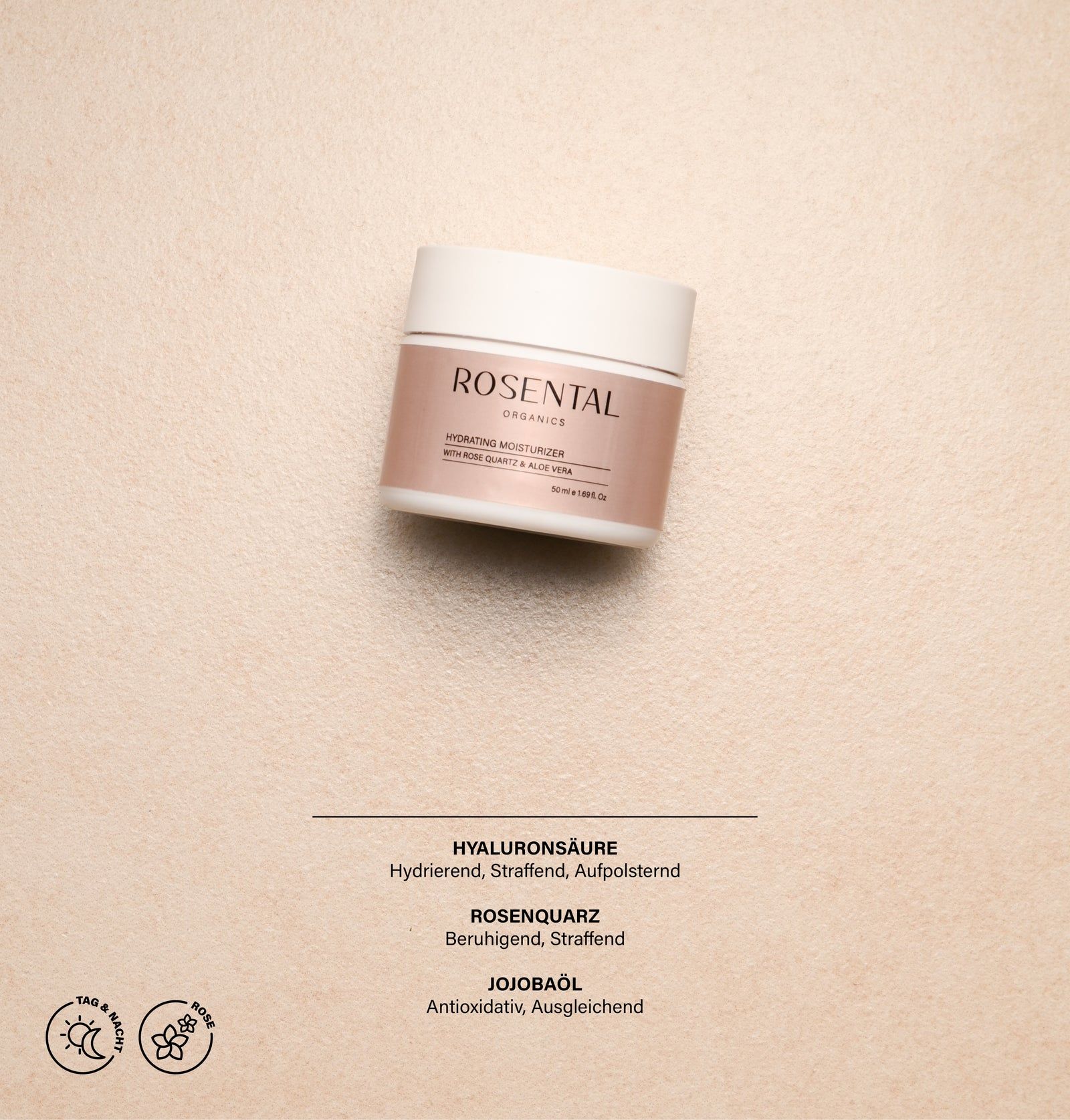Weißes Glas mit rosa Creme. Aufschrift: Rosental Organics. Text: Hydrating Moisturizer.