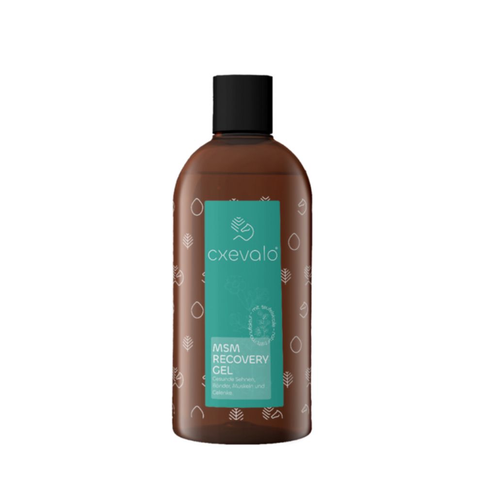 Braune Flasche mit schwarzem Deckel. Aufschrift: cxevalo, MSM Recovery Gel.