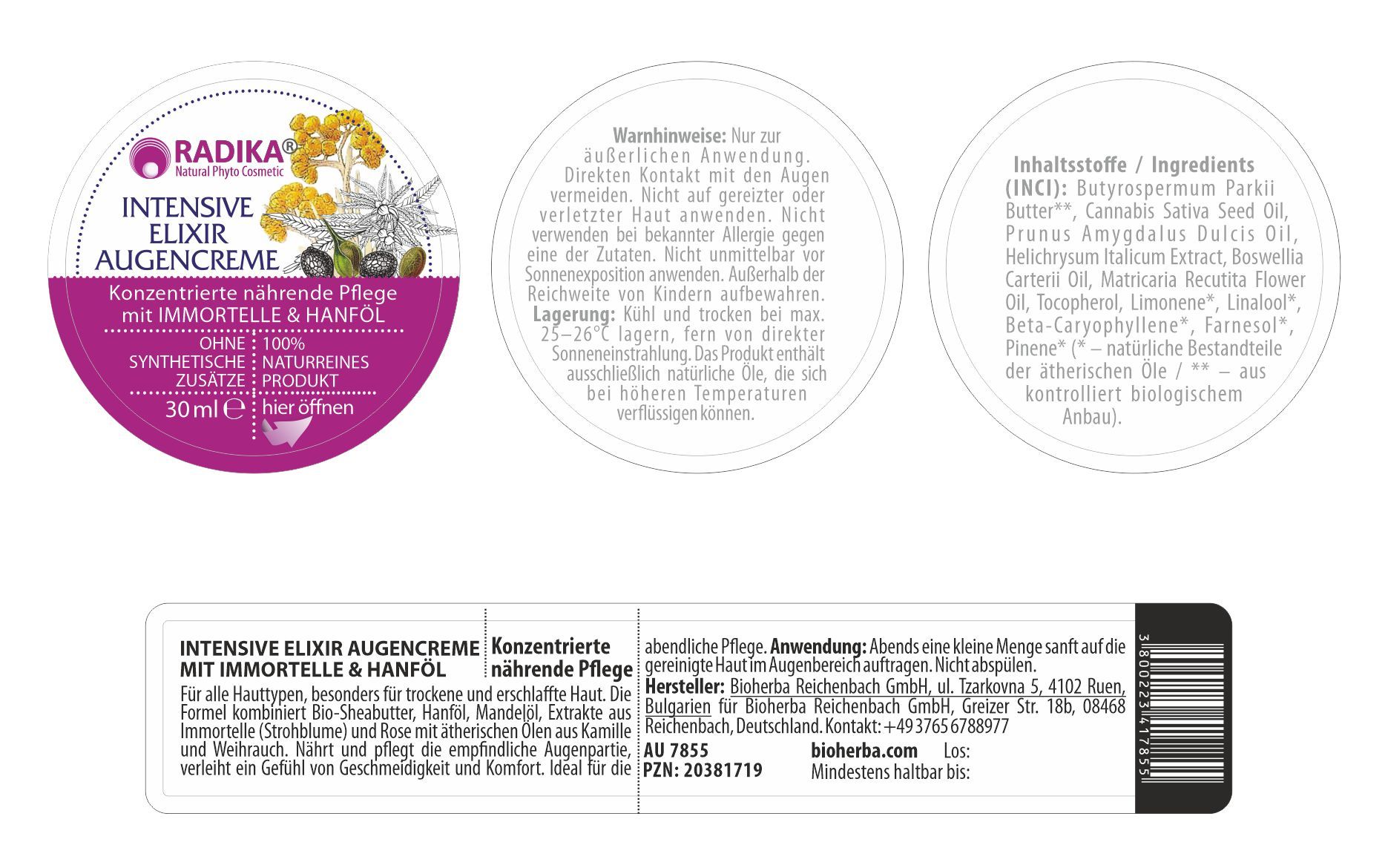 Drei Etiketten mit Produktinformationen. Text: Intensive Elixir Augencreme mit Immortelle & Hanföl. Konzentrierte nährende Pflege. 30ml. Inhaltsstoffe.