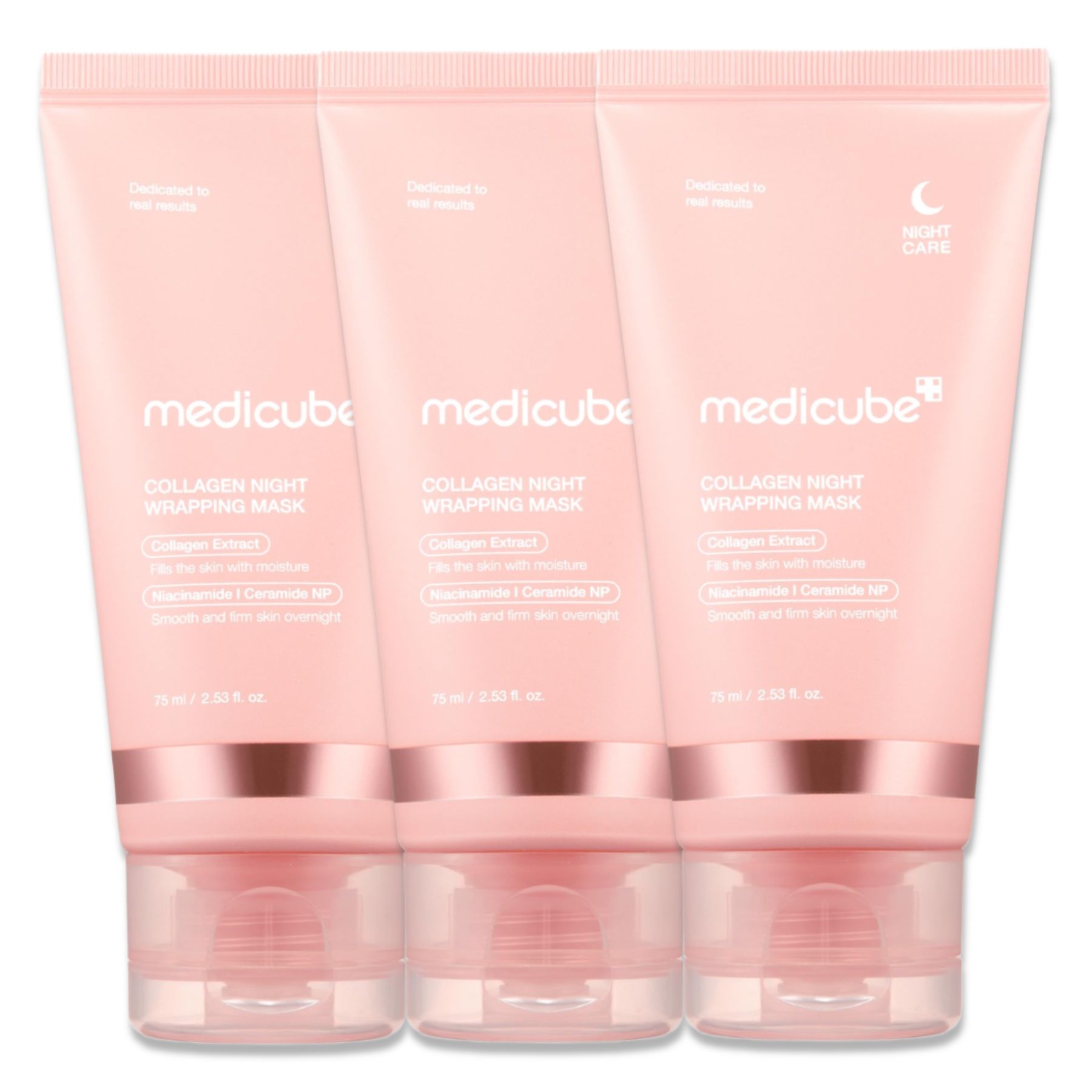 Drei Tuben Medicube Collagen Night Wrapping Mask. Rosa Tuben mit weißer Schrift. Aufschrift: Collagen Night Wrapping Mask.