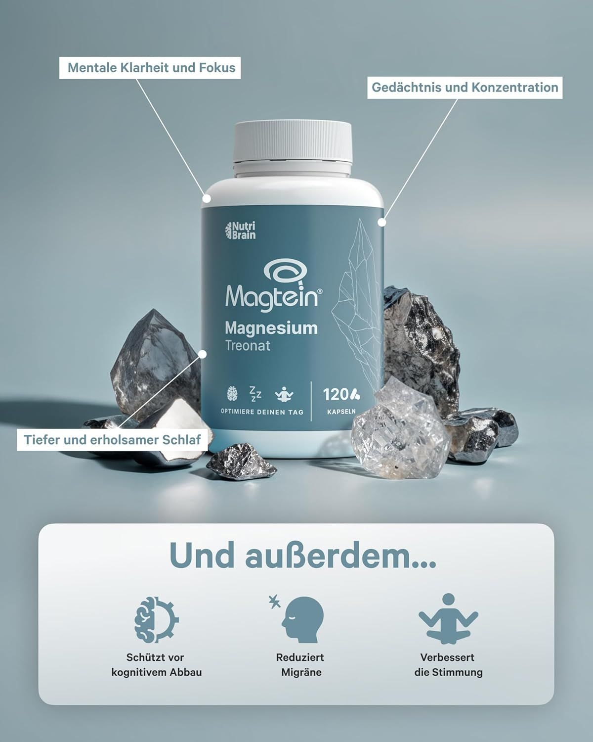 Dose Magtein Magnesium Treonat, umgeben von Kristallen, mit Hinweisen zu kognitiver Funktion und Schlaf.