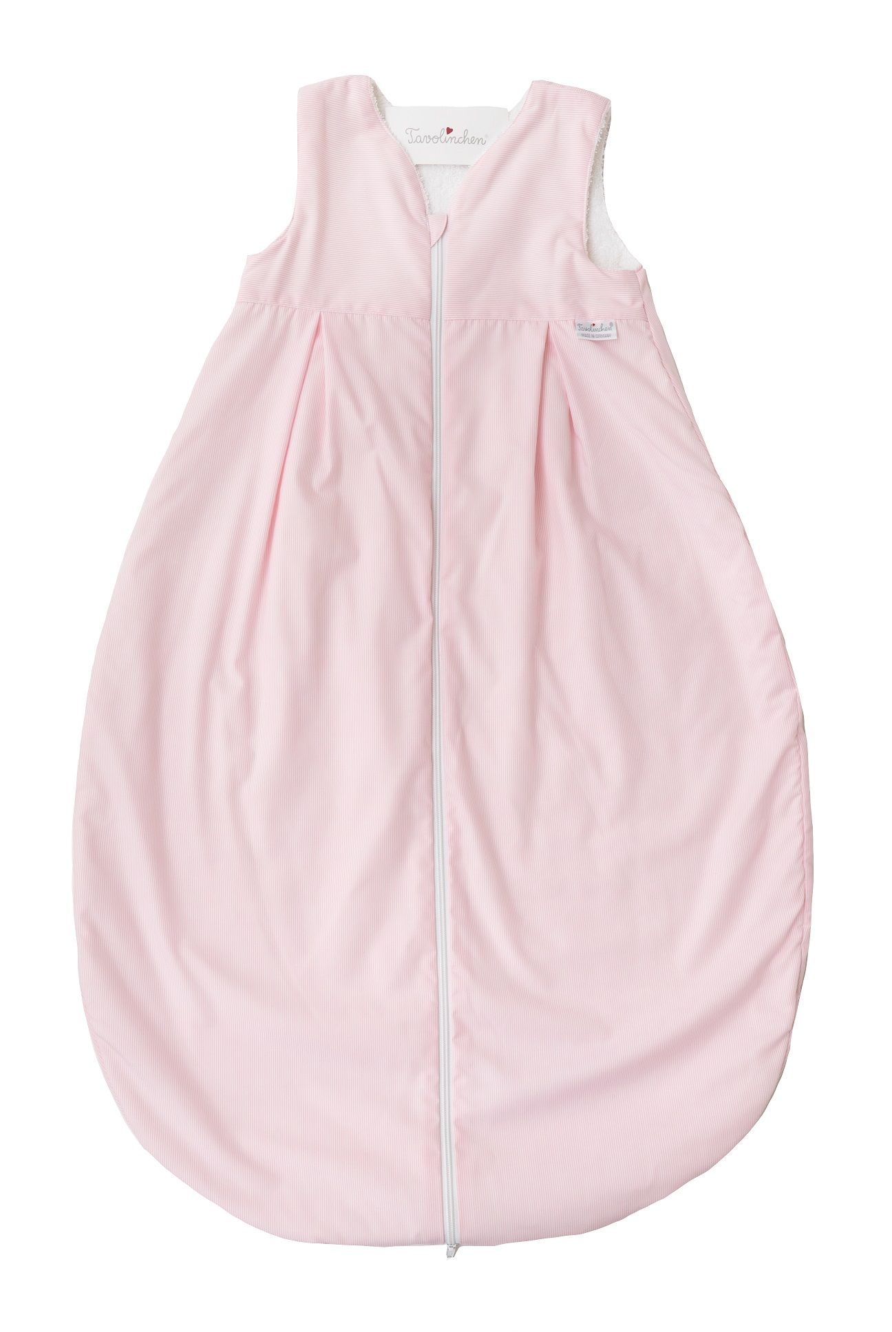 Rosa Schlafsack mit Reißverschluss. Außen gestreift, innen weiß. Ärmellos, rundes Ende. Marke sichtbar.