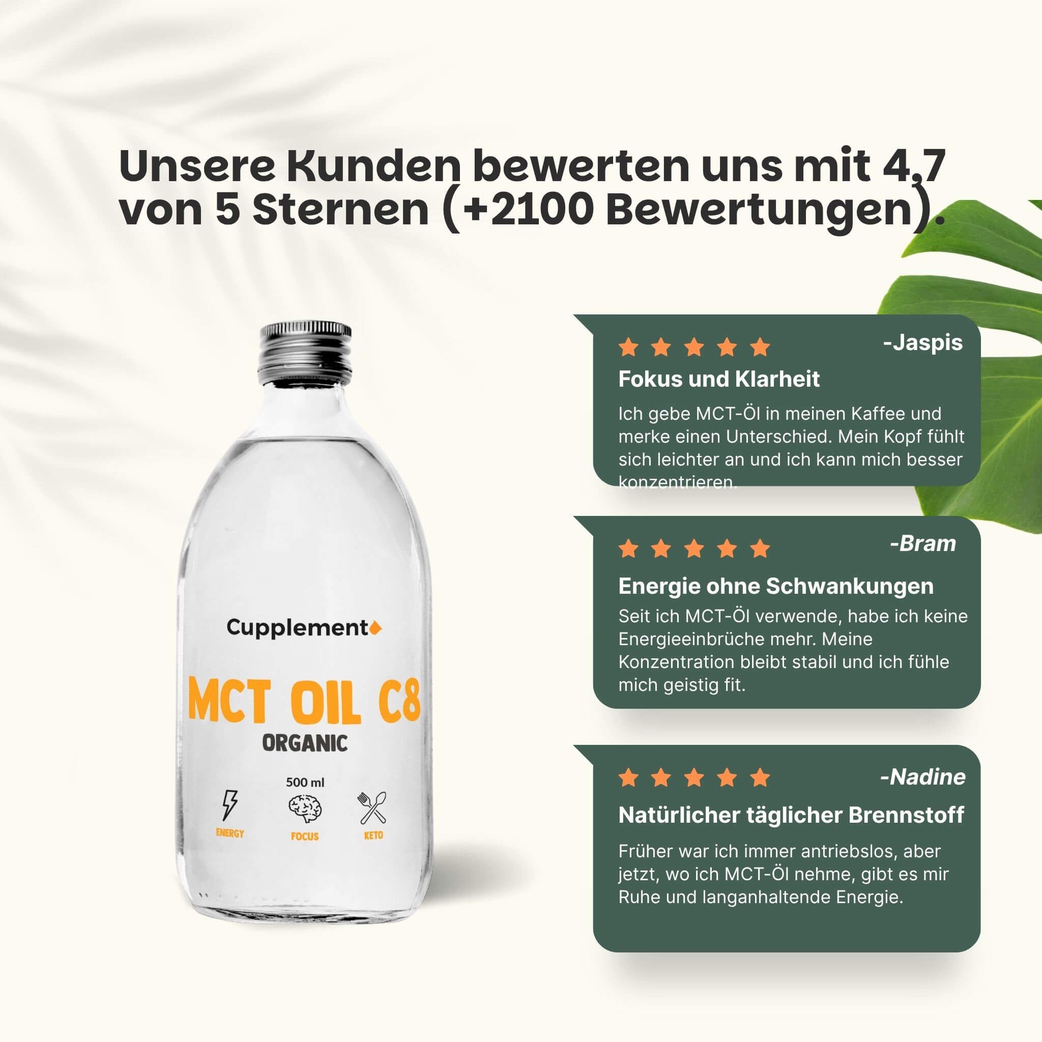 Flasche MCT Oil C8 Organic, 500 ml. Kundenbewertungen mit 4,7/5 Sternen. Zitate von Kunden.