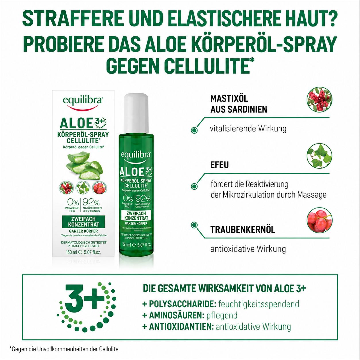Equilibra Aloe 3+ Körperöl-Spray Cellulite, 150 ml, mit Anwendungshinweisen.
