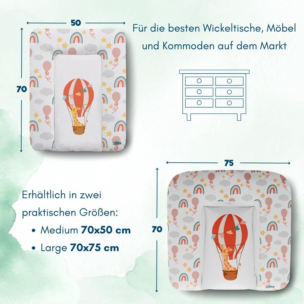Zwei Wickelauflagen, eine mit 70x50cm, eine mit 70x75cm. Beide mit Regenbogen- und Ballonmuster. Kikido Logo.