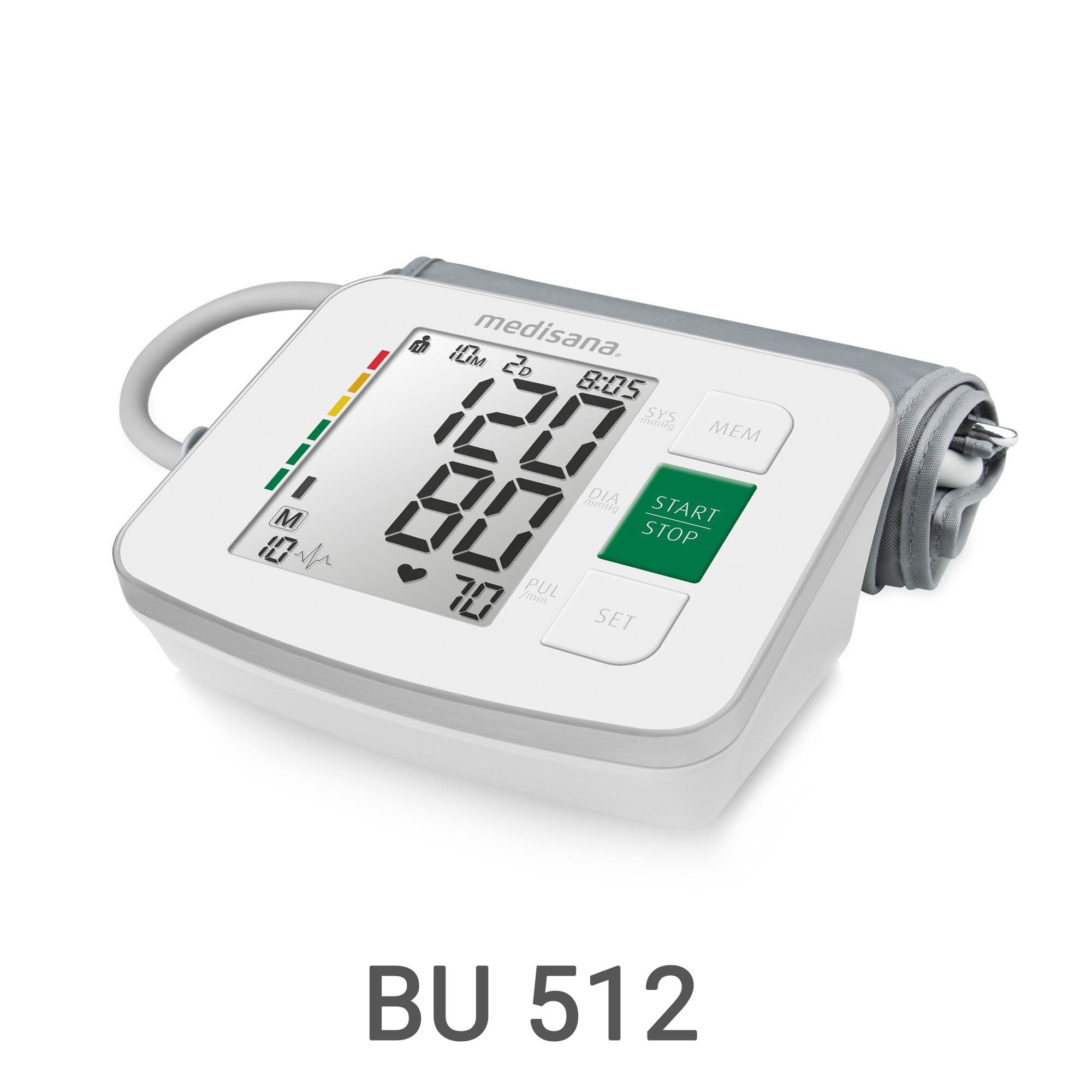 Weißer Oberarm-Blutdruckmesser BU 512 mit großem Display und grüner Start-Taste.