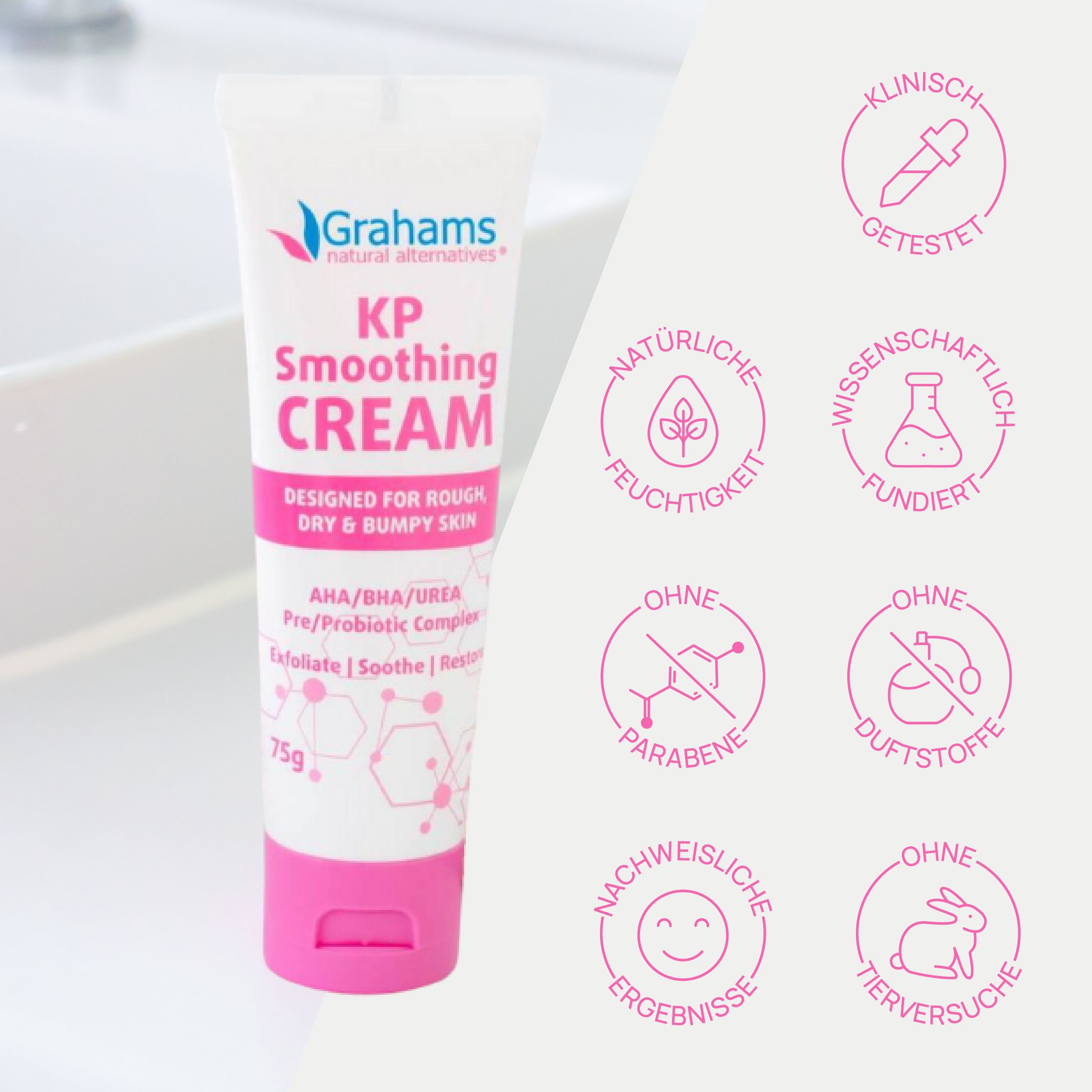 Grahams KP Smoothing Cream Tube mit rosa Kappe. Logos: klinisch getestet, natürlich, ohne Parabene.