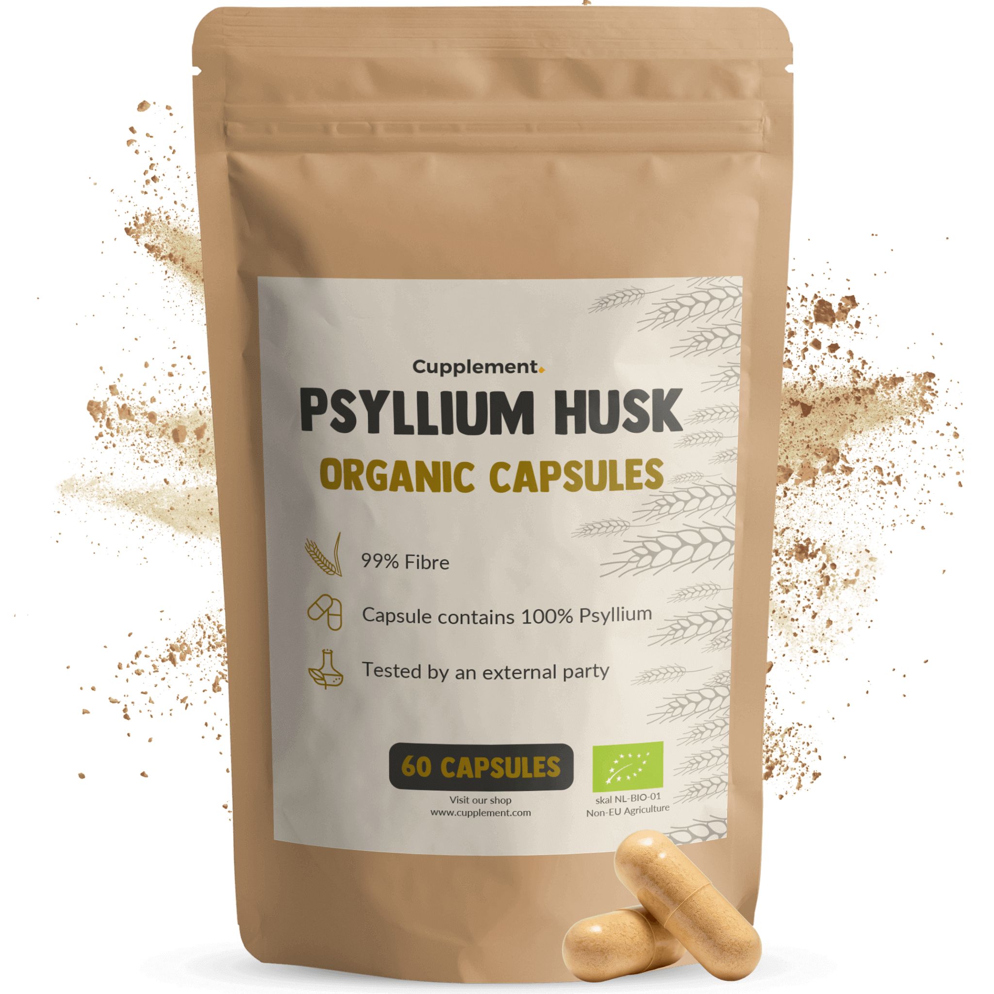 Beutel mit Kapseln. Aufschrift: Psyllium Husk Organic Capsules, 99% Fibre, 60 Kapseln. Bio-Siegel.