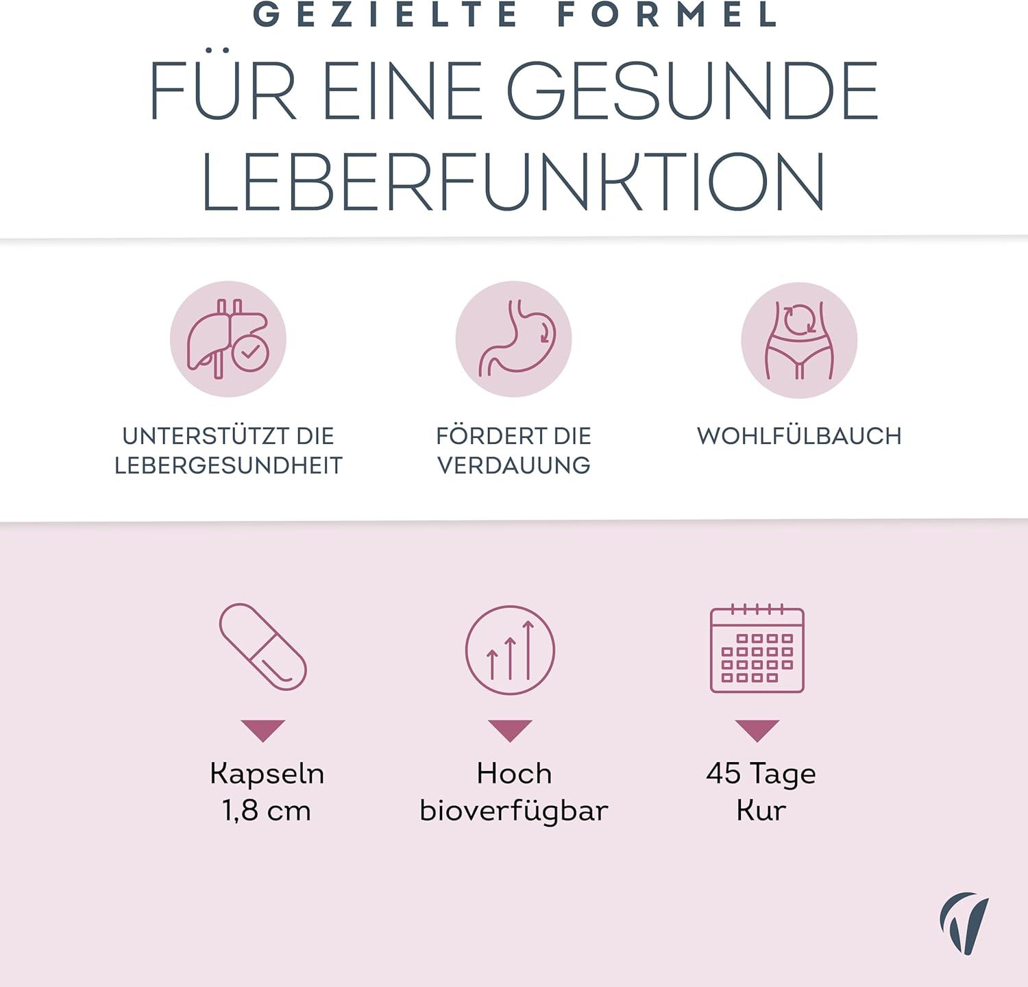 Grafik mit Kapsel, 1,8 cm. Unterstützt Lebergesundheit, fördert Verdauung, Wohlfühlbauch. 45 Tage Kur. Logo Vitavea.
