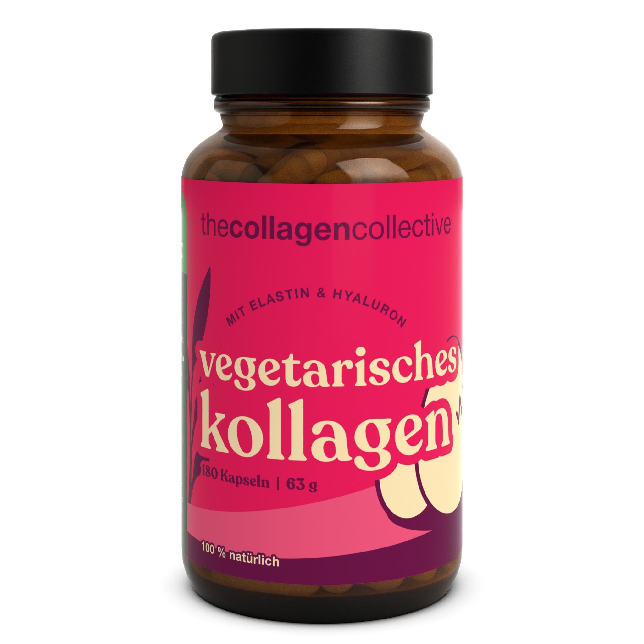 Braune Flasche mit schwarzem Deckel. Rosa Etikett mit Schriftzug: vegetarisches Kollagen, 120 Kapseln, 63g.