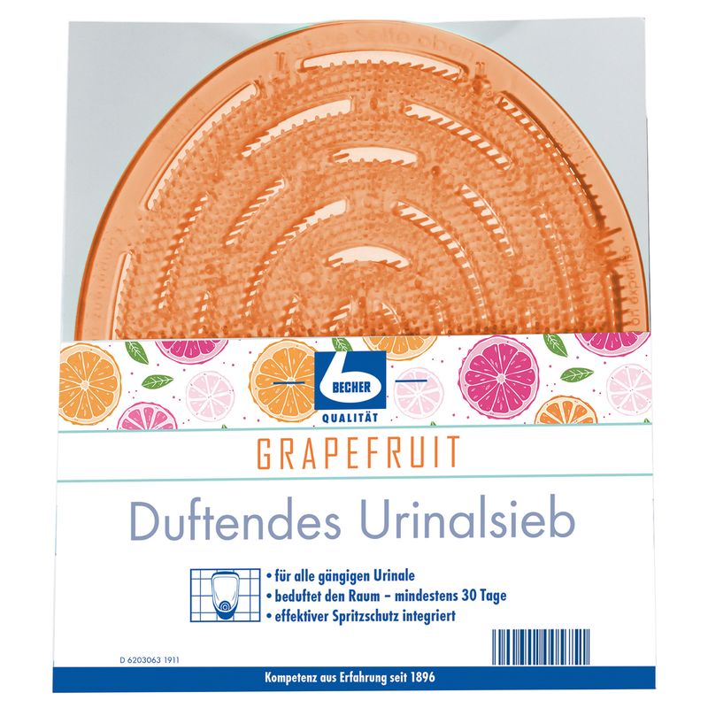 Orangefarbenes Urinalsieb mit Text: Grapefruit, Duftendes Urinalsieb. Enthält Informationen zu Anwendung und Spritzschutz. Marke: Becher.