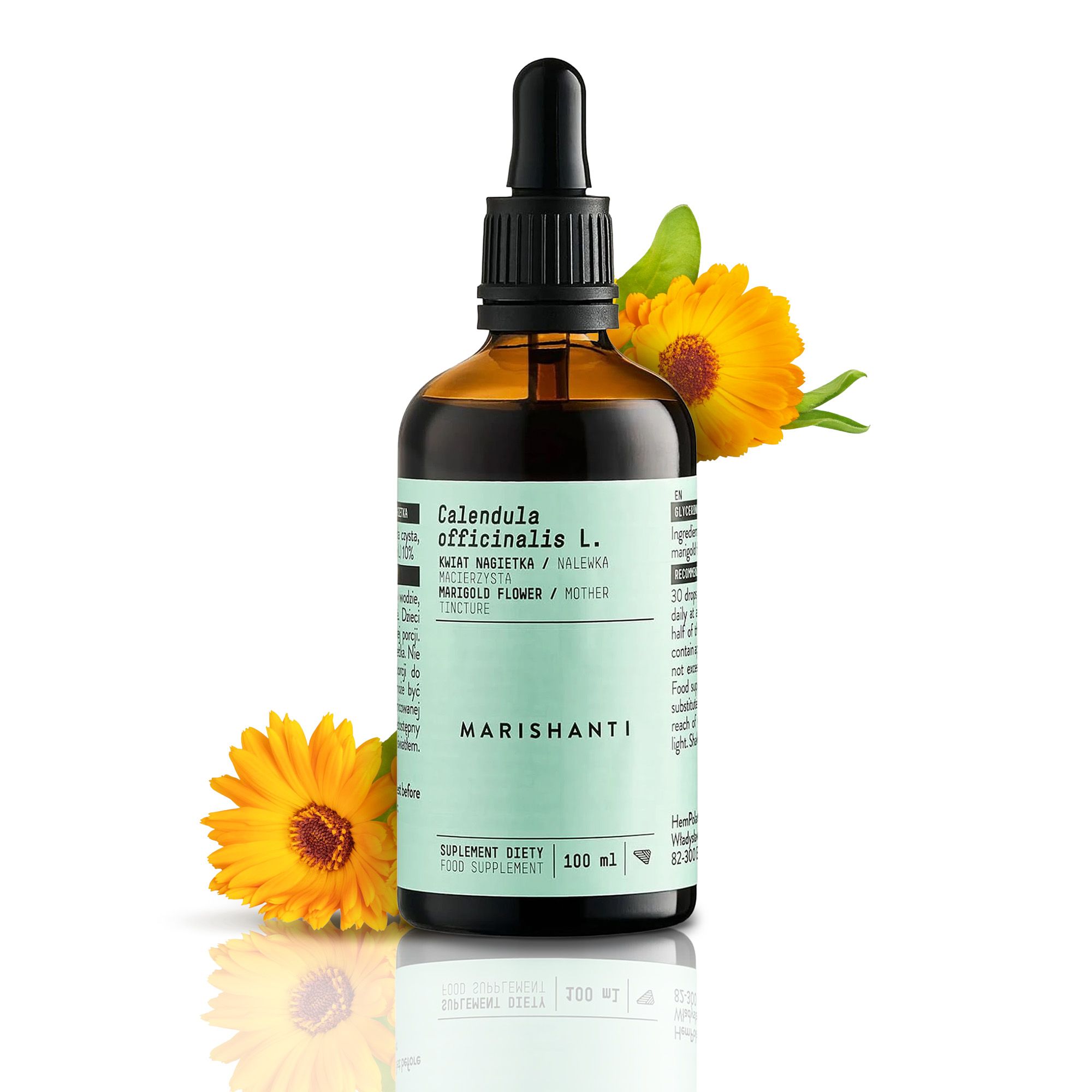 Braune Glasflasche mit Tropfer, daneben Ringelblumen. Text: Calendula officinalis L., Marishanti. 100 ml.