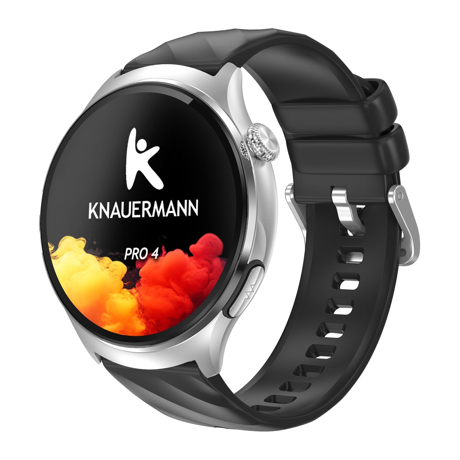 Smartwatch mit rundem Display. Silbernes Gehäuse, schwarzes Armband. Anzeige: Logo, "KNAUERMANN", "PRO 4". Farbiger Hintergrund.