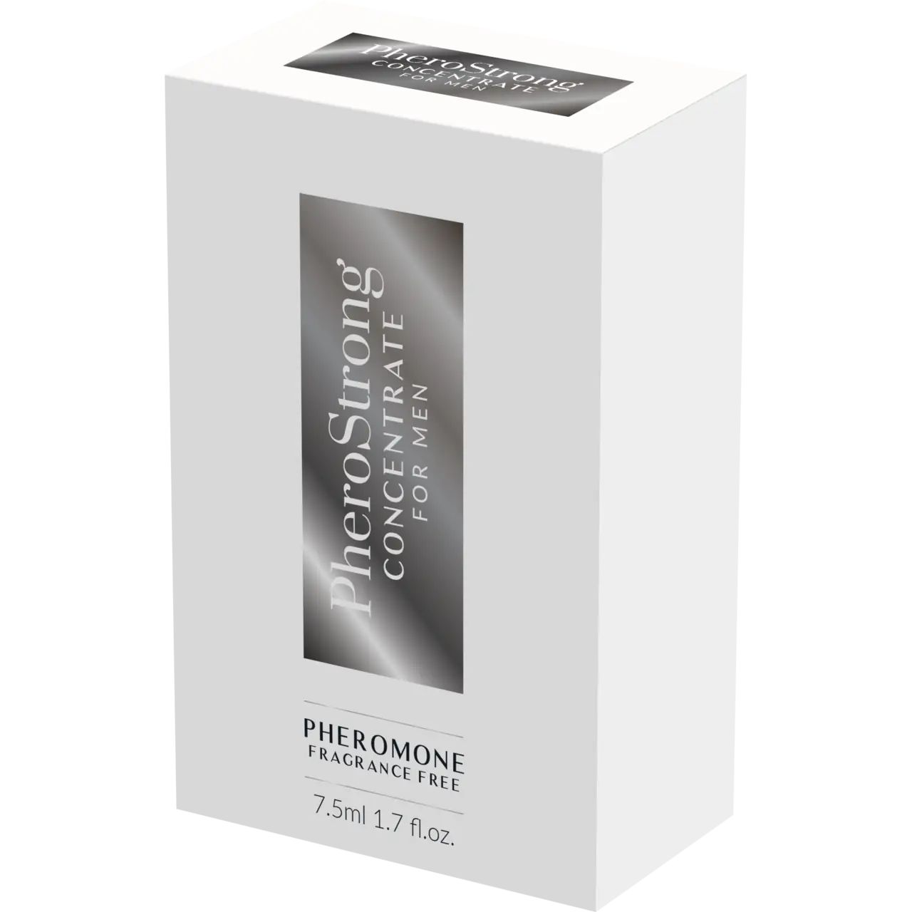 Weiße Verpackung mit silberner Aufschrift: PheroStrong Concentrate for Men, Pheromone Fragrance Free.