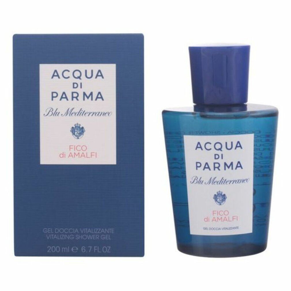 Blau getönte Flasche und Schachtel. Auf der Flasche: Acqua di Parma, Blu Mediterraneo, Fico di Amalfi. Auf der Schachtel: Gel-Text.