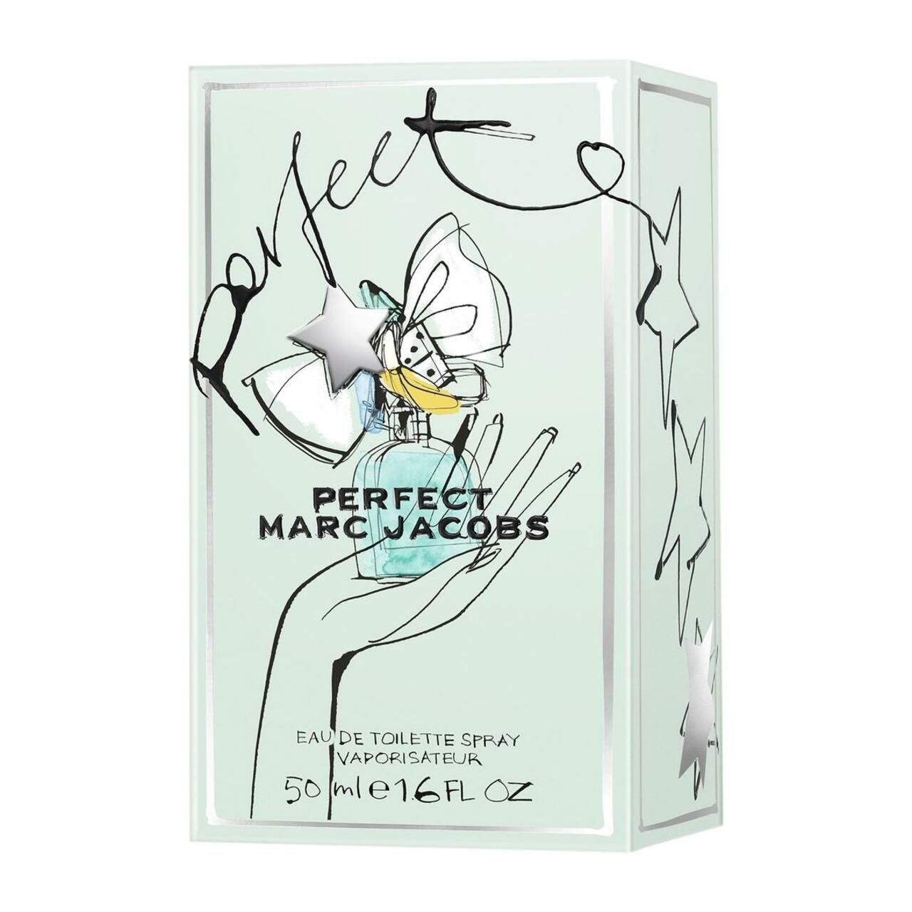 Verpackung mit Flakon-Illustration. Aufschrift: PERFECT MARC JACOBS. Handzeichnung mit Sternen und Flakon.