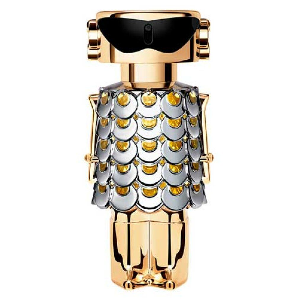 Goldfarbener Flakon in Roboterform. Der Flakon hat eine schwarze Sonnenbrille und silberne Schuppen.
