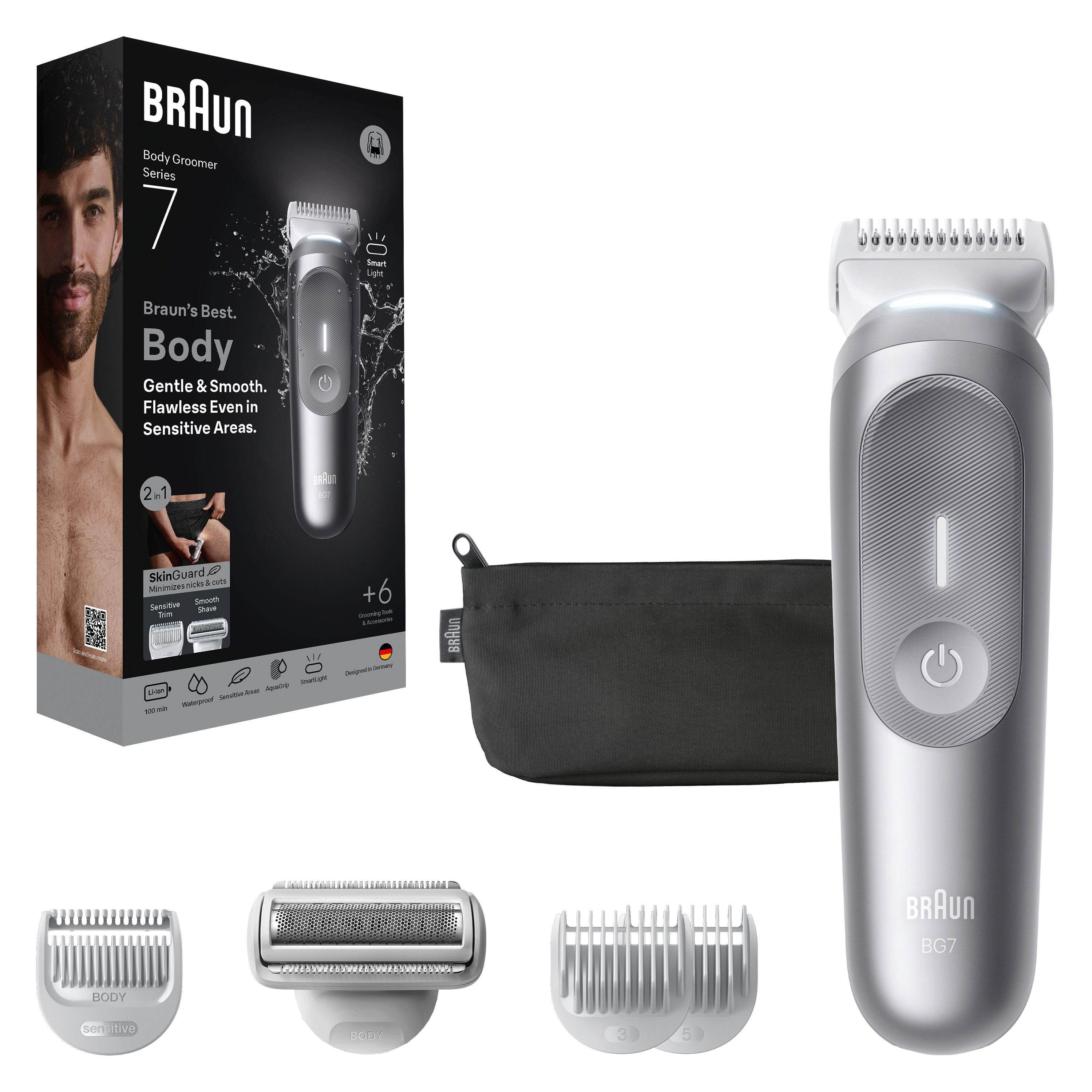 Braun BodyGroomer Series 7 mit Zubehör: Trimmer, Scherkopf, 2 Aufsätze, Tasche und Verpackung.