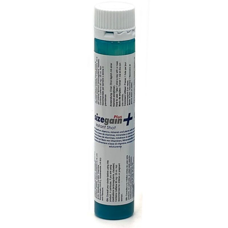 Einzelne Ampulle. Aufschrift: Sizegain Plus Instant Shot. Blaue Flüssigkeit. Weiße Kappe. Produktinformationen aufgedruckt.